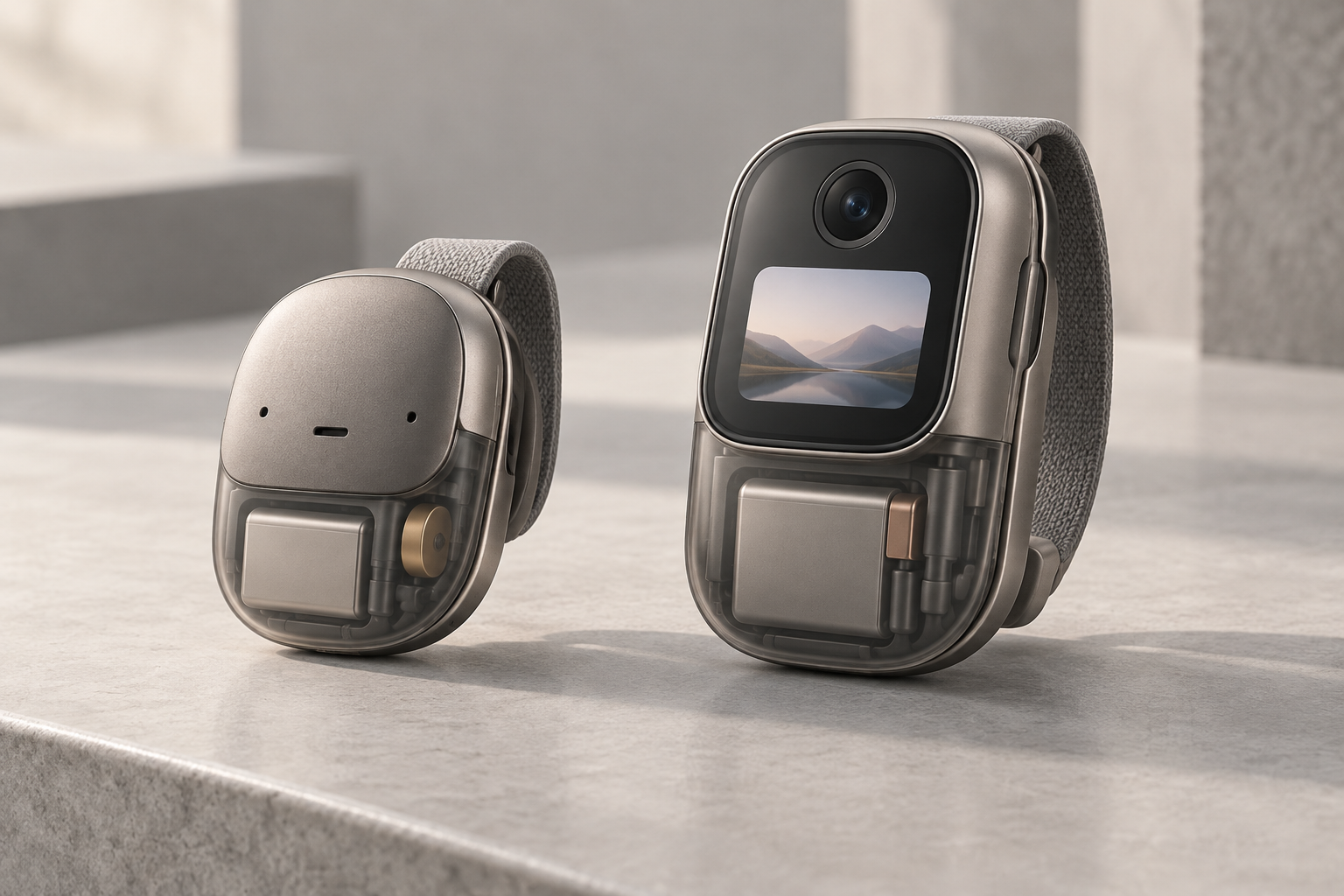 Conceptual comparison of a compact voice-and-sensor wearable and a larger camera-and-display wearable with translucent housings.