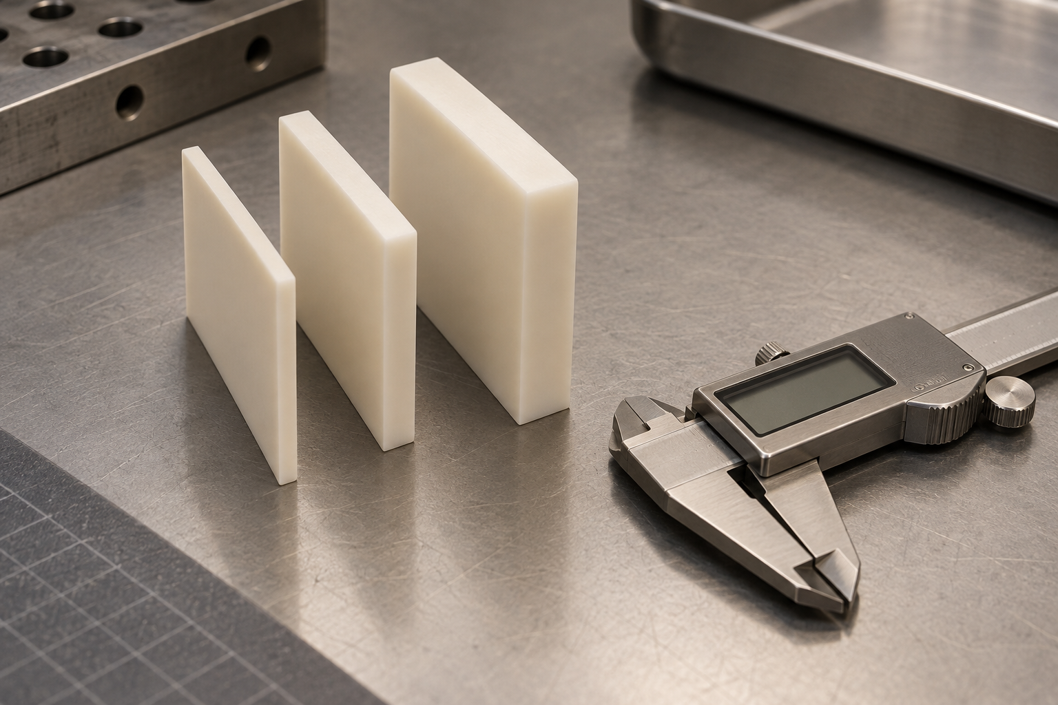 AI-generated conceptual illustration of three polymer coupons of different thickness beside a caliper.