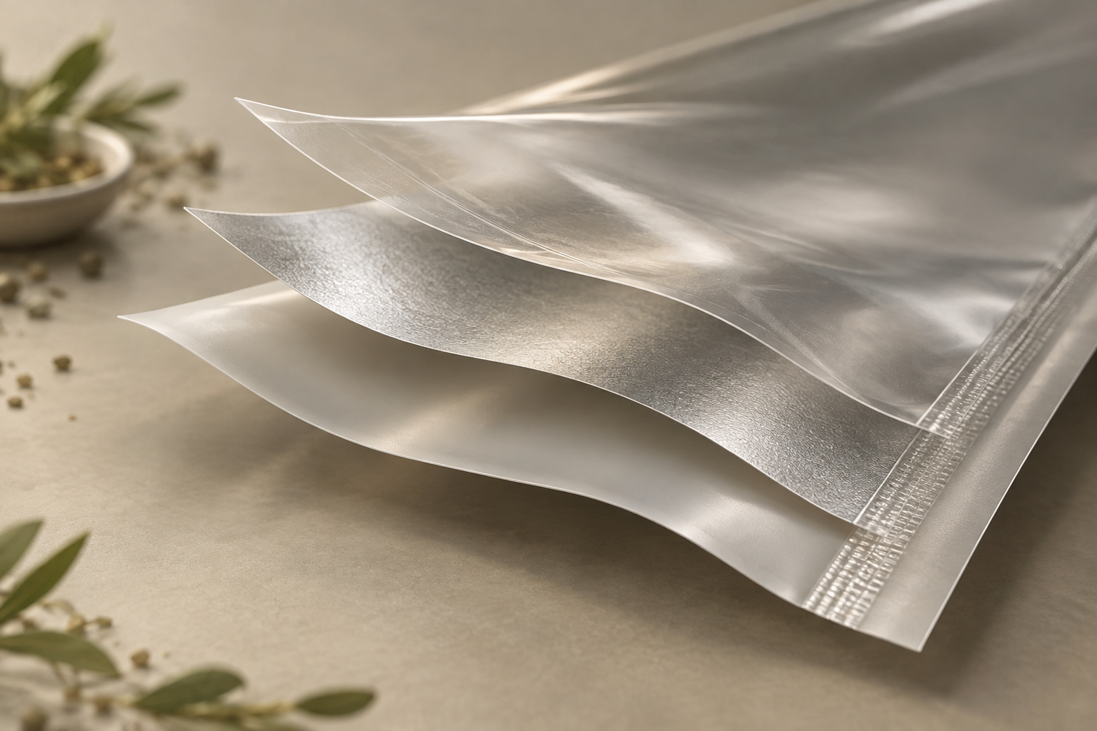 Exploded conceptual flexible package layers showing a simplified PE film, metallic finish, printed surface, and seal area.