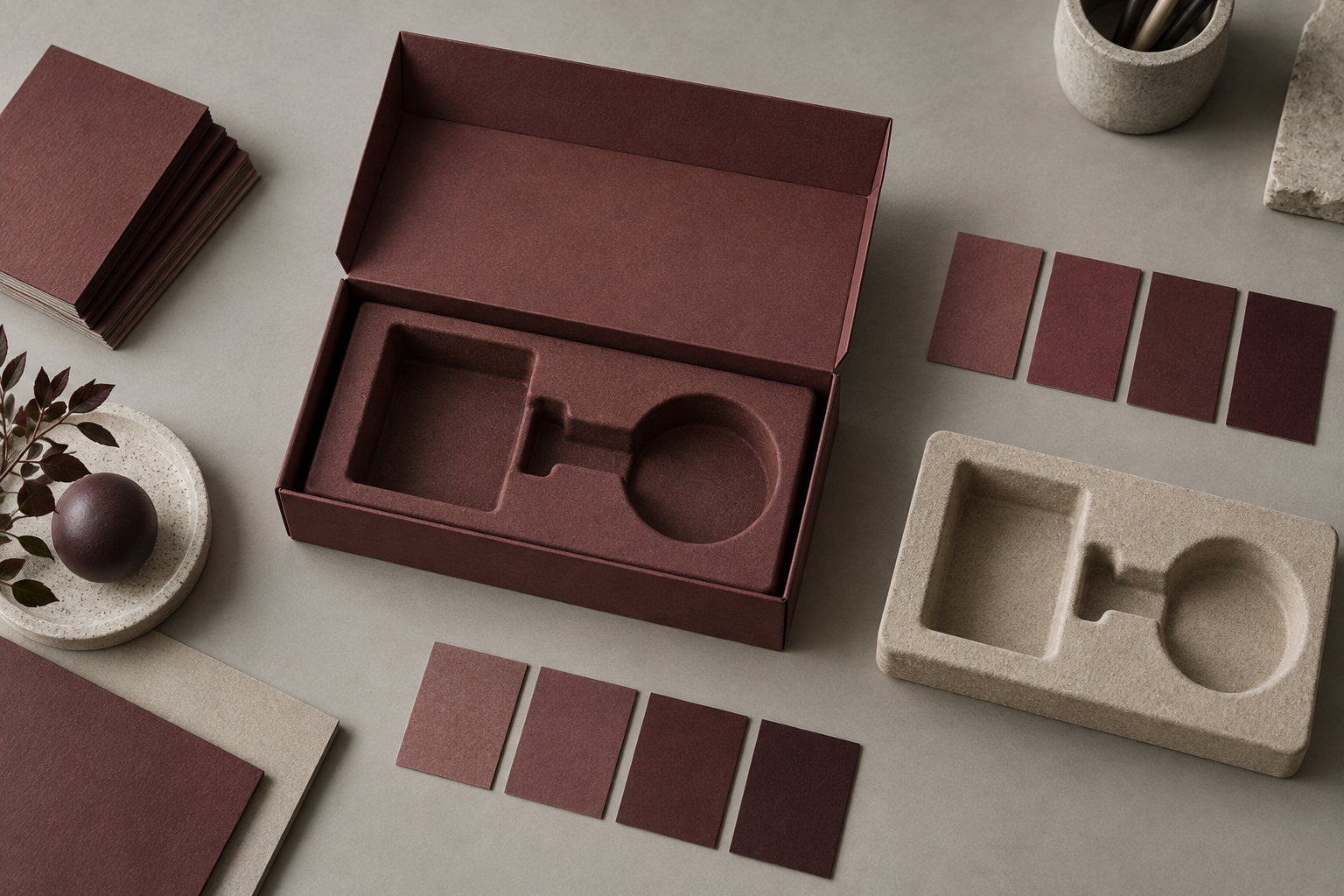 Overhead packaging sample review with a burgundy box, fiber inserts, and color swatches.