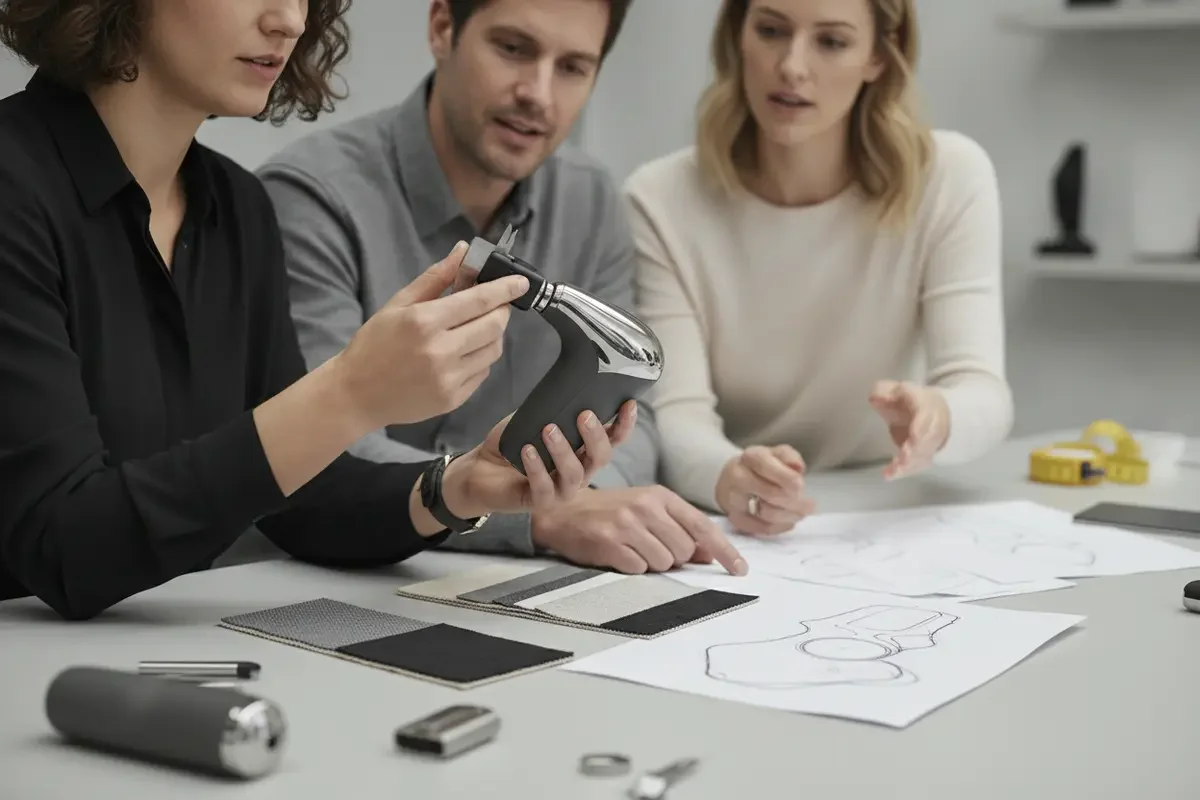 A team compares a product prototype with material samples during a feasibility review