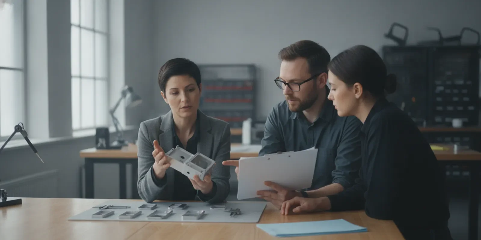 Product team reviewing a newly made component and measurement records at a workbench