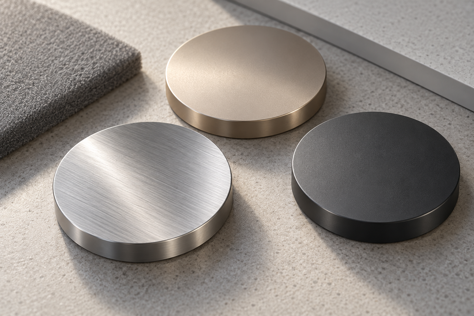 Three metal finish disks and a cushion material sample under grazing light, AI-generated illustration.