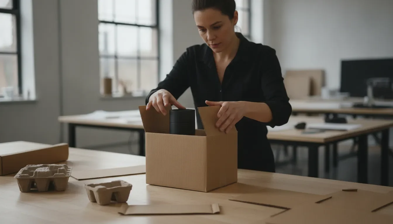 Product designer checking a protective retail packaging prototype