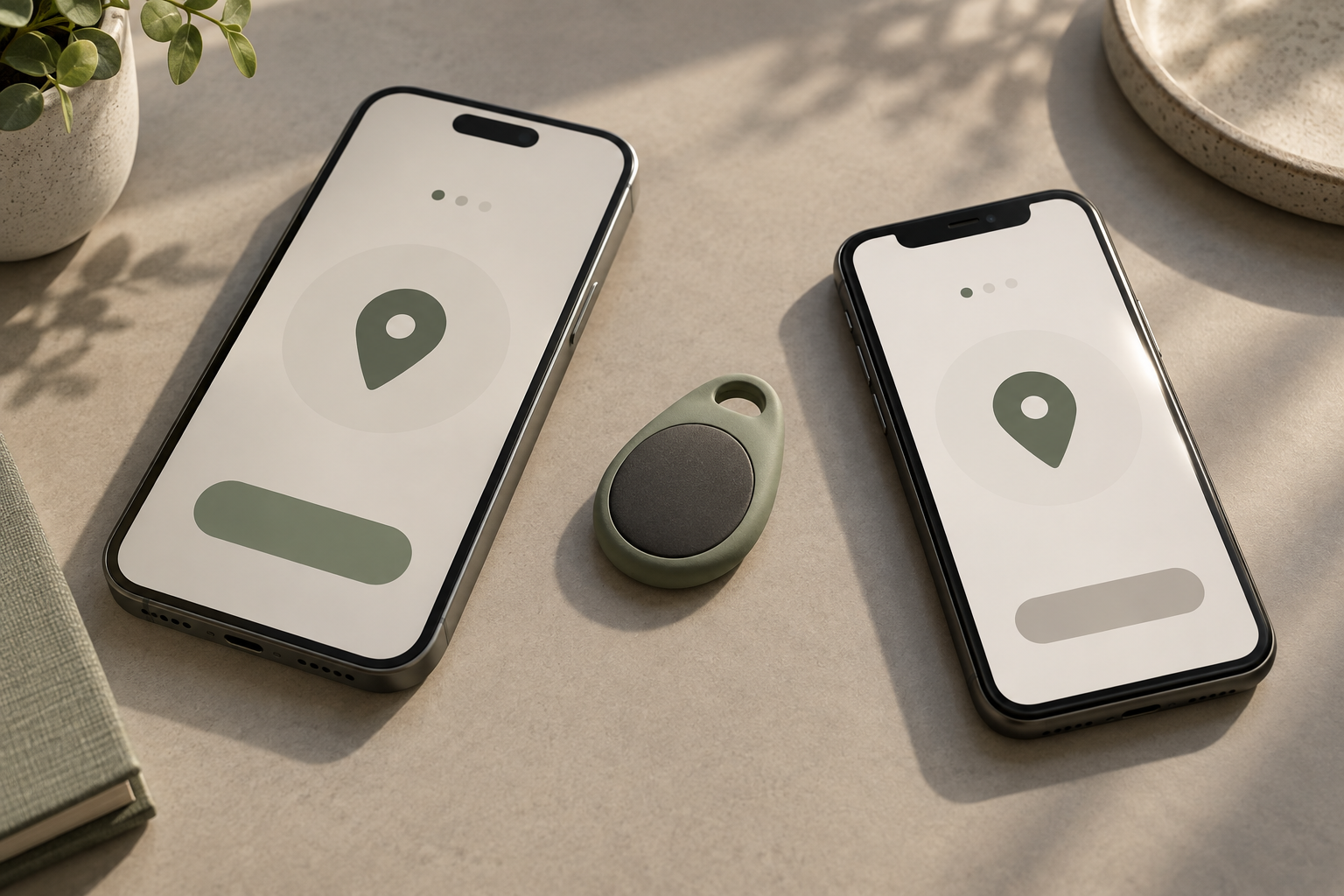 Two generic phones showing abstract location controls beside an item tracker in a sage sleeve.