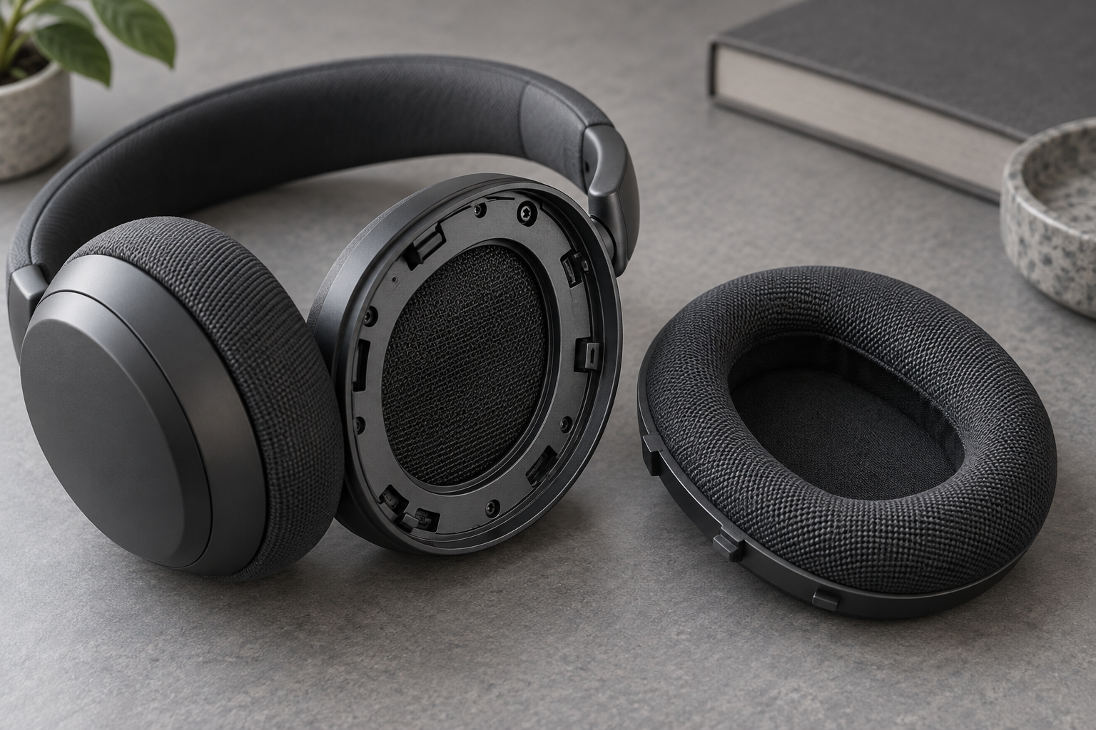 Conceptual headphone earcup with a removable oval cushion beside it.