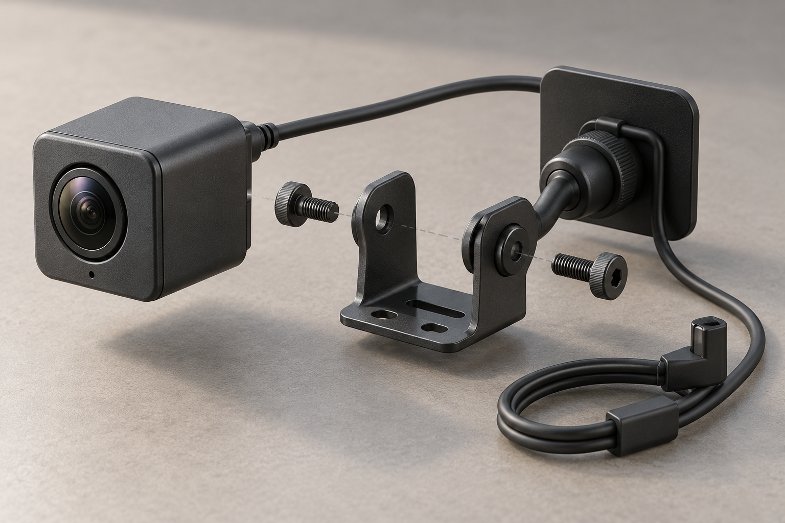 Exploded conceptual arrangement of a compact camera, adjustable bracket, screws and short cable.