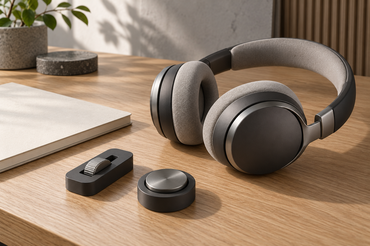 Generic headphones with a ridged wheel and circular button sample on a desk, AI-generated illustration.
