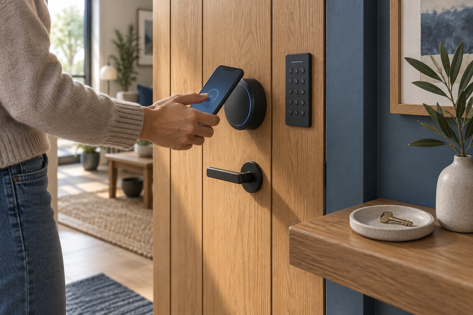 A hand holding a phone near a fictional smart lock, with a keypad and physical key shown as alternative access methods.