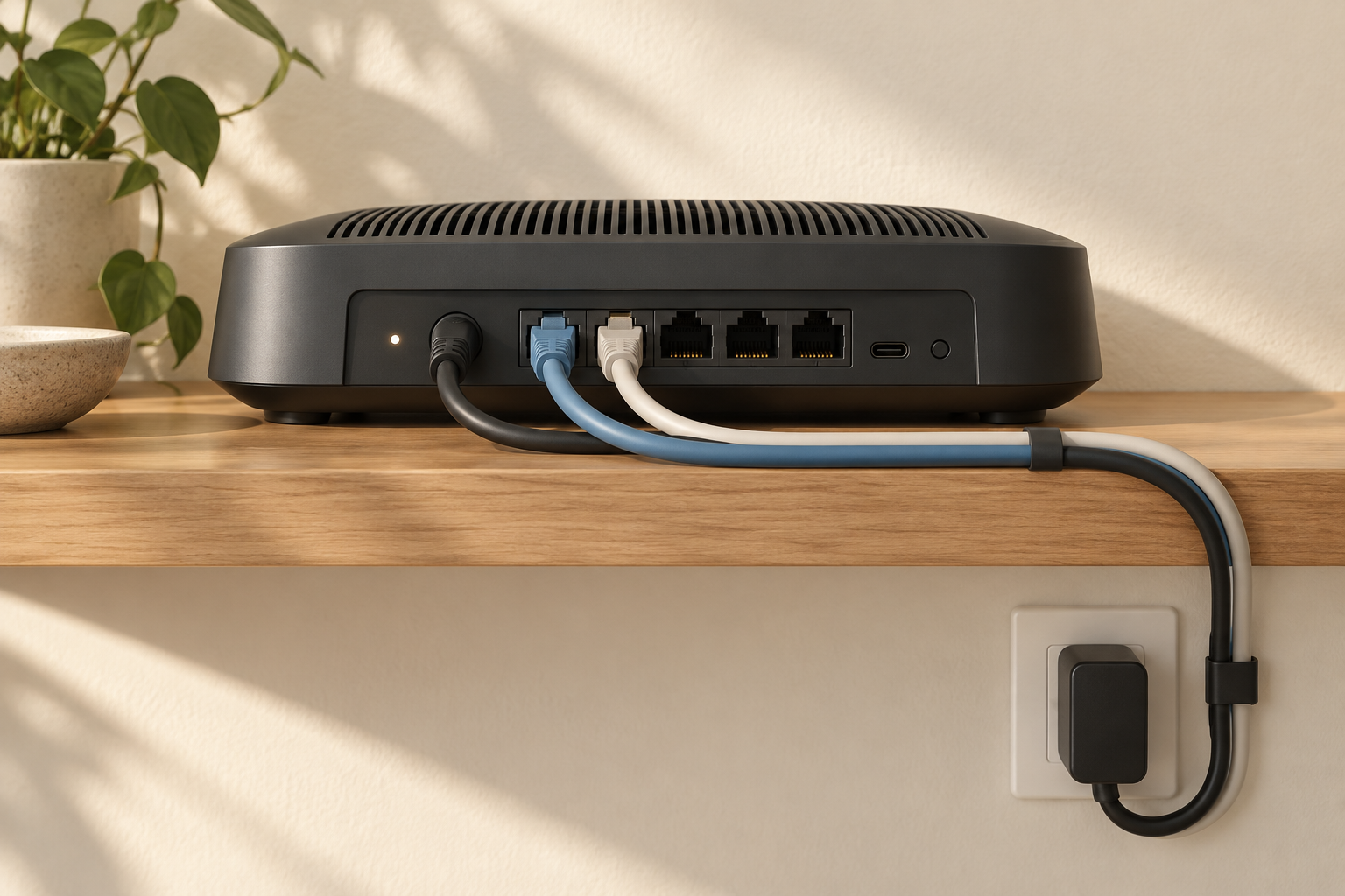 Close view of a generic router port panel with ethernet and power cables routed toward a wall outlet.