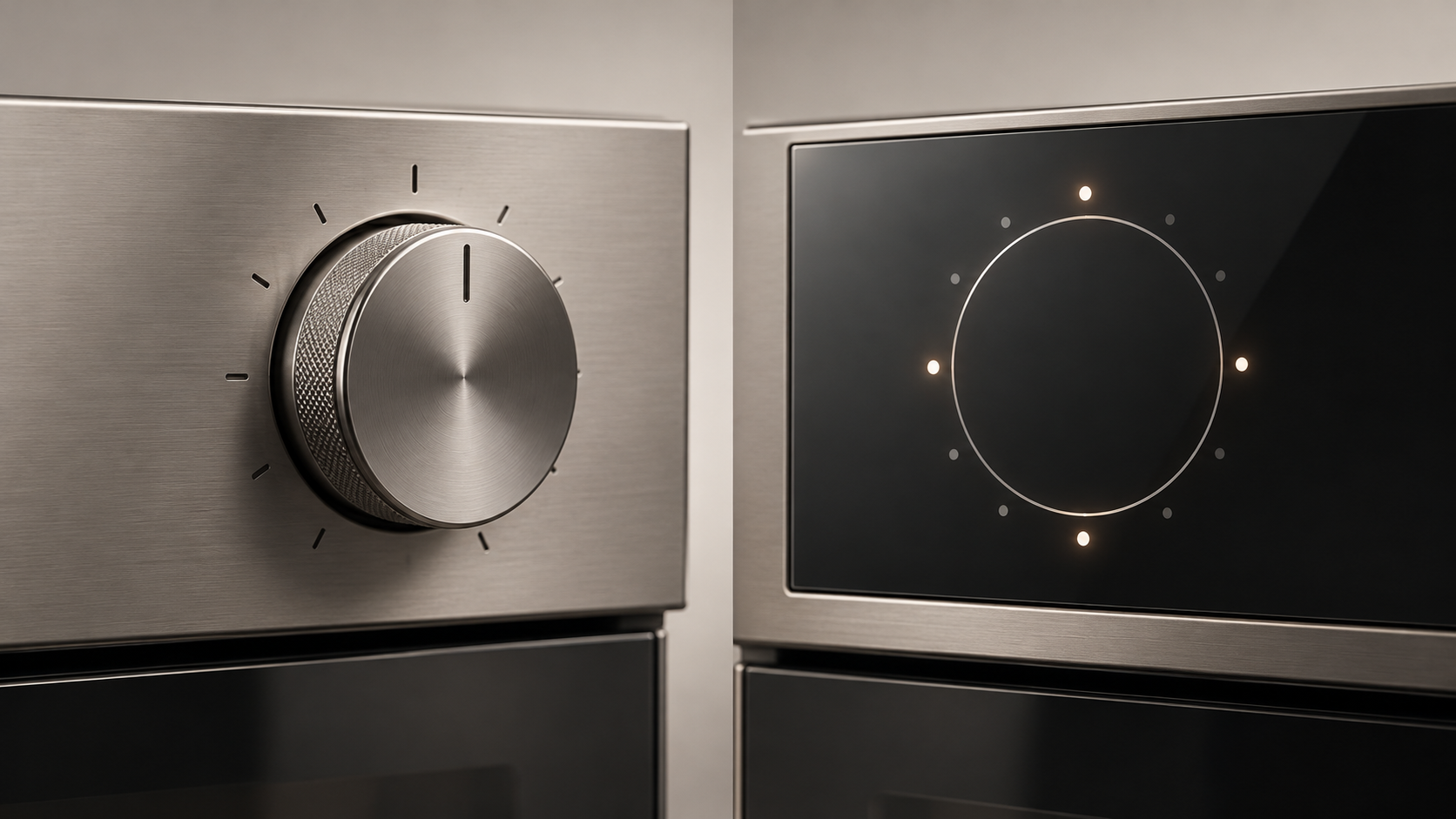 Side-by-side conceptual comparison of a tactile metal rotary knob and an illuminated capacitive touch wheel.