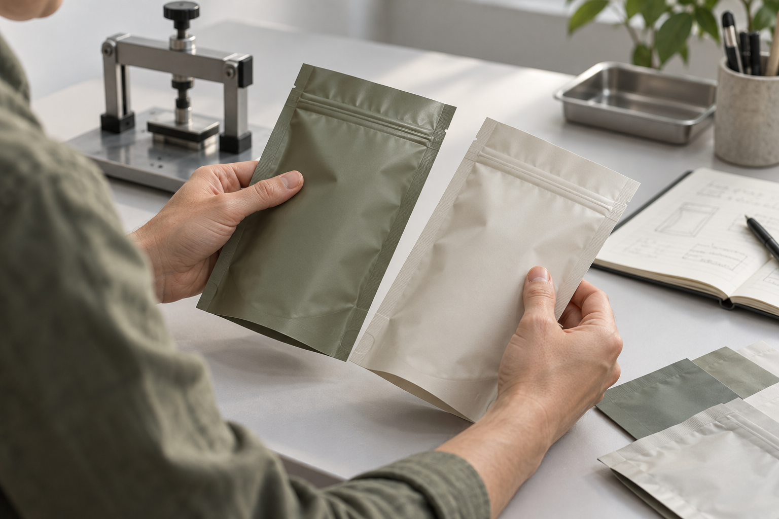 Packaging engineer comparing flexible-film samples beside a pouch seal and test notes in a clean product-development studio.