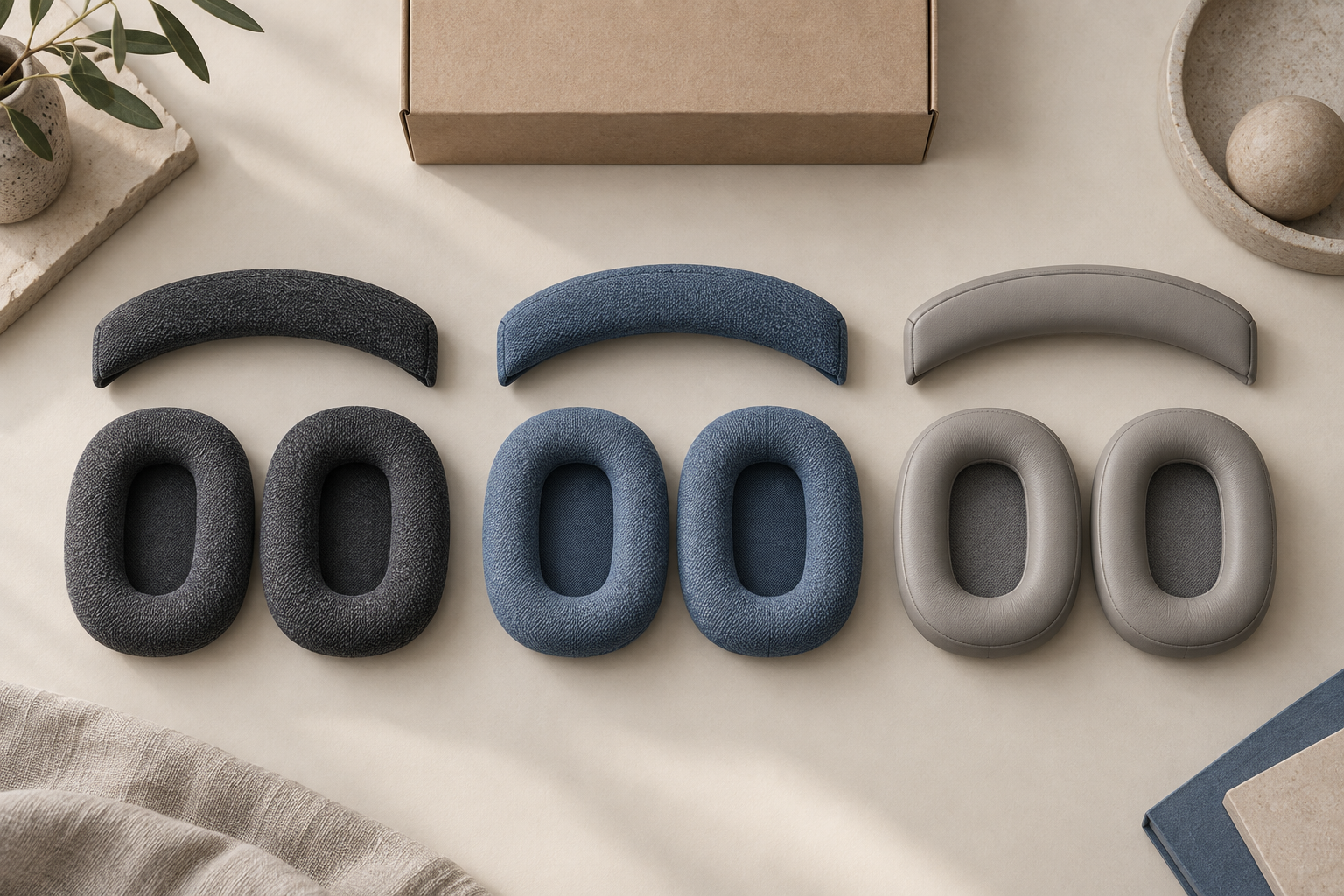 Three coordinated sets of headphone ear cushions and headband pads in graphite, blue, and gray.