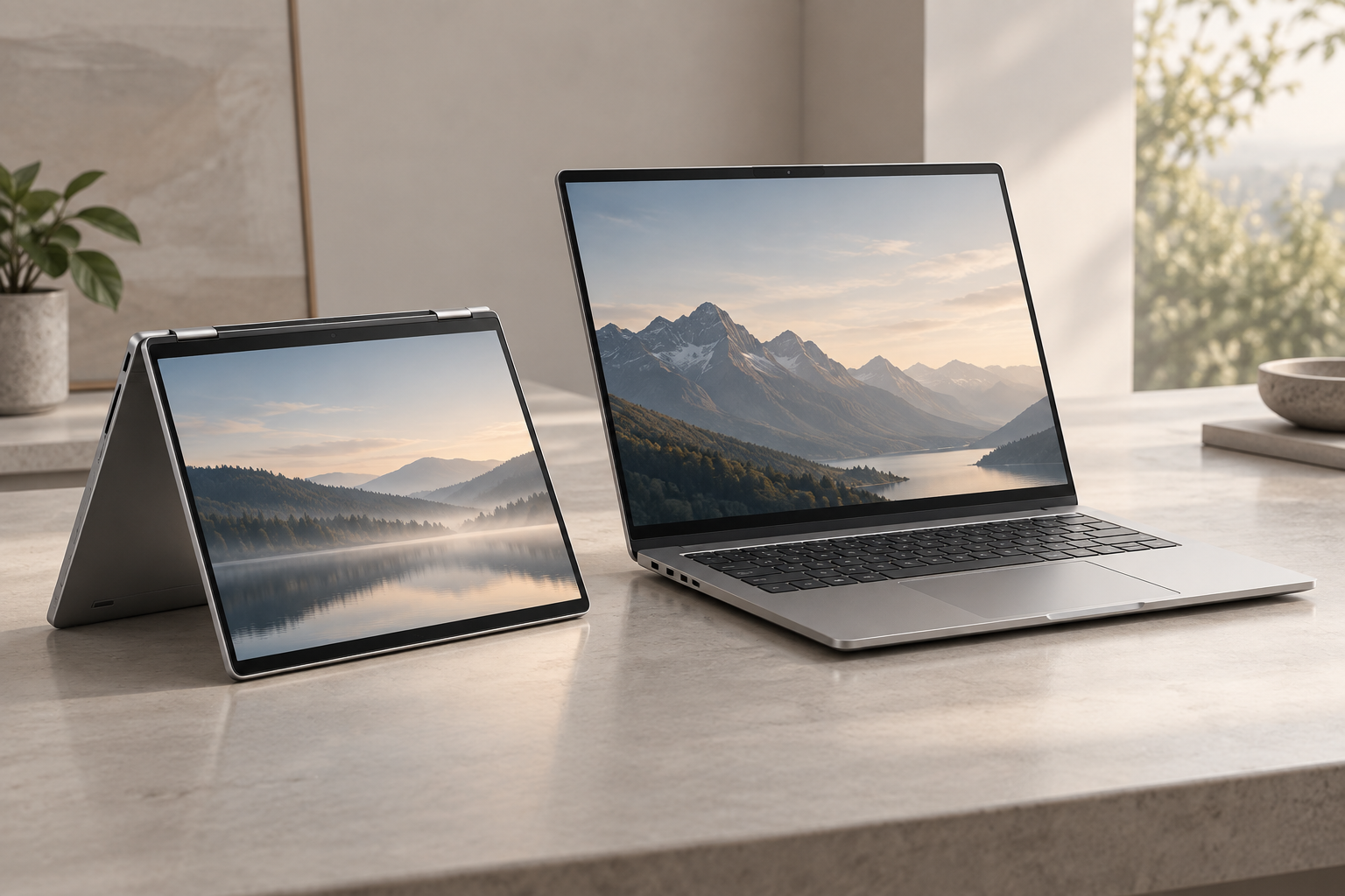 Conceptual comparison of a convertible laptop beside a larger open work laptop.