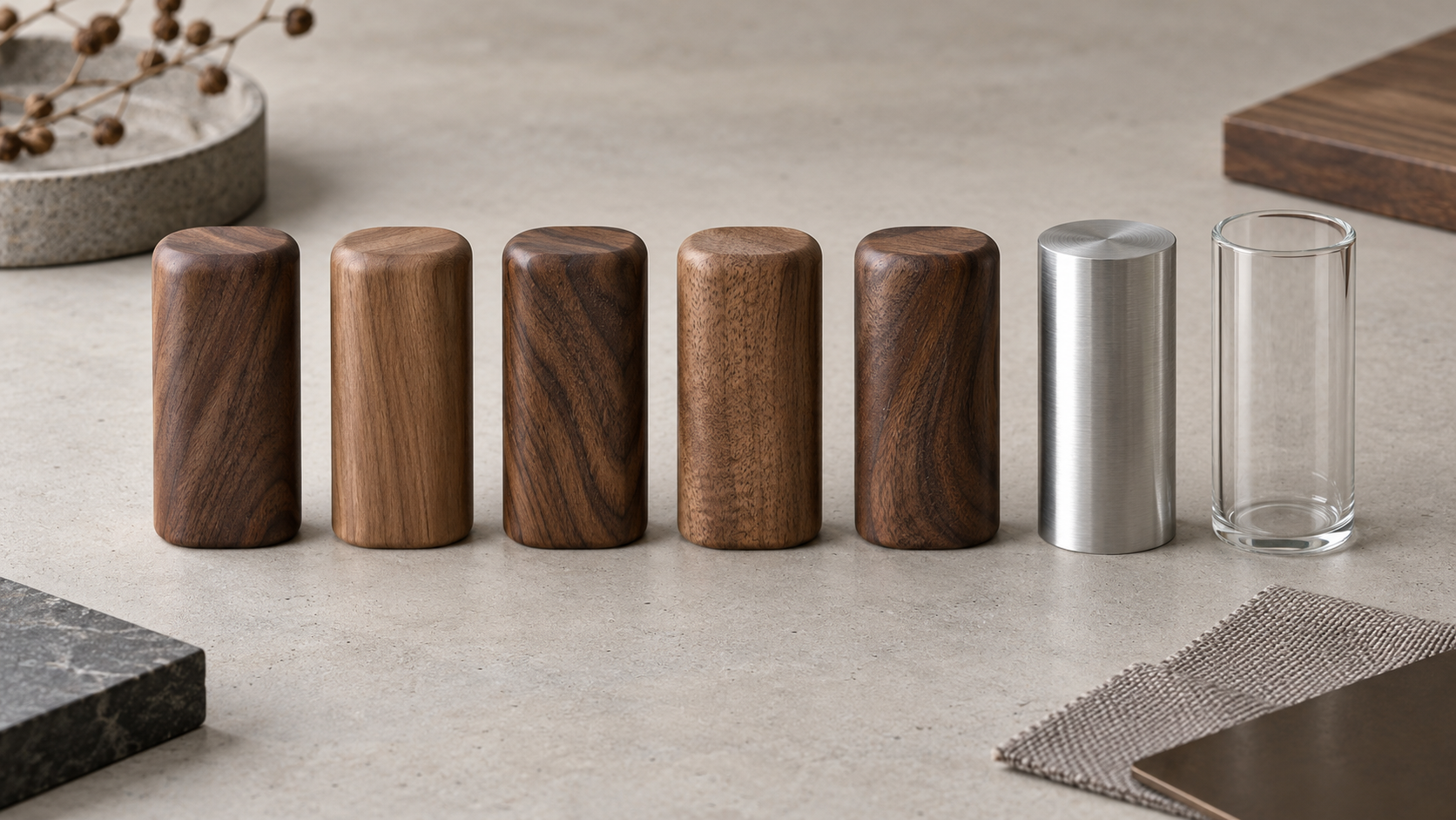 AI-generated conceptual illustration of five walnut samples with varied grain beside aluminum and glass samples.