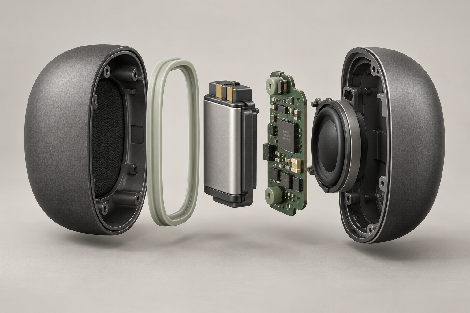 AI-generated conceptual exploded illustration of a generic audio-device shell, gasket and battery cartridge.