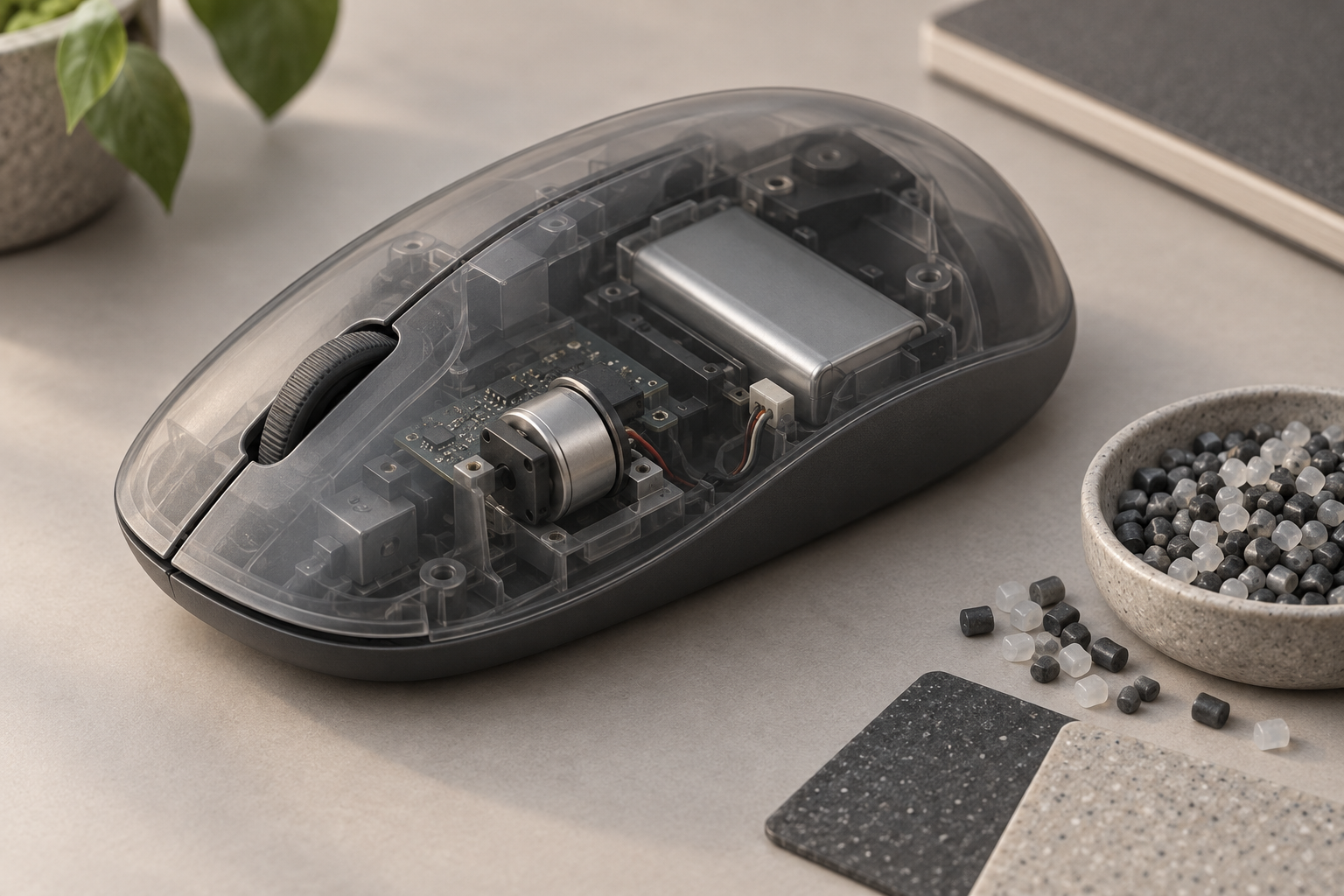 Conceptual cutaway of a generic mouse showing a haptic actuator and battery, alongside recycled polymer pellets