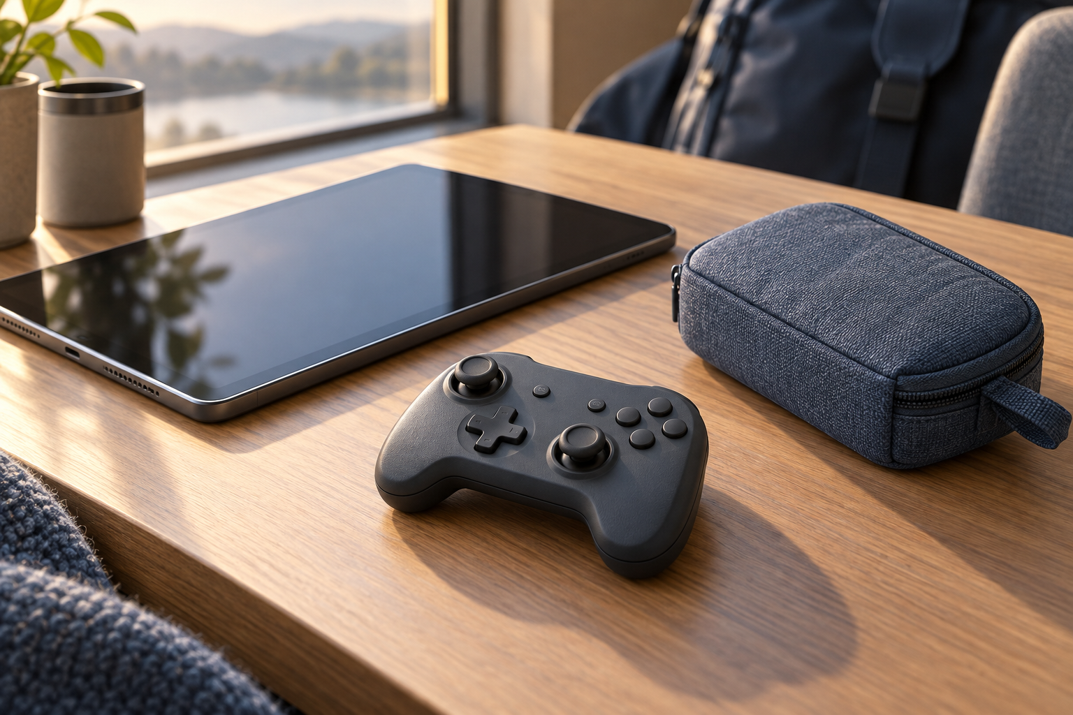 Compact controller beside a tablet and carrying pouch in a portable play setup