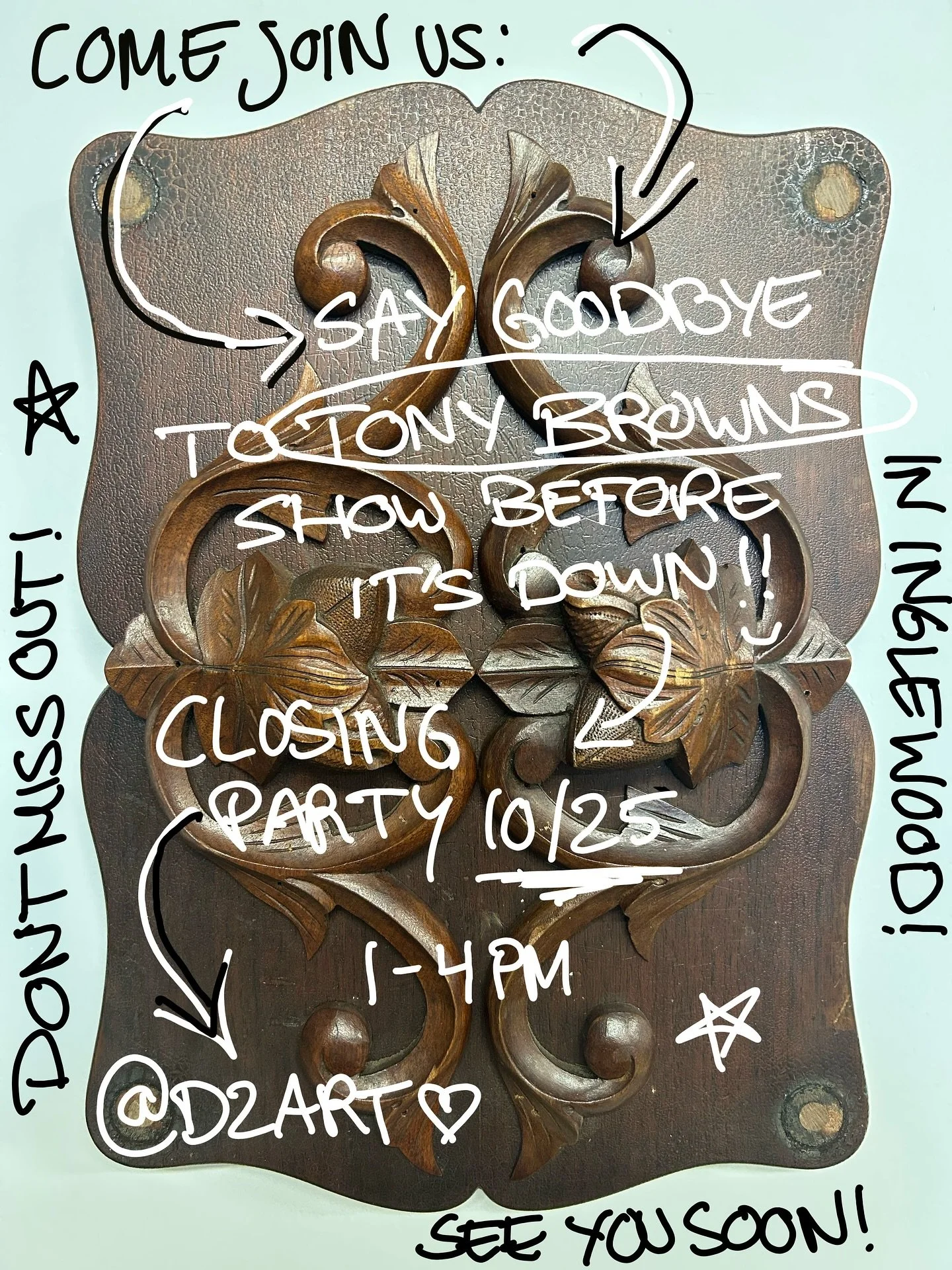 Come join us!
.
Say goodbye to Tony Brown and his show before it&rsquo;s down !! 🎊💐🥳
.
Closing party 10/25 from 1-4PM
.
1205 N La Brea Ave, Inglewood, CA 90302
.
.
.
#art #artist #artshow #closingparty #closing #artgallery #gallery #woodartwork #l