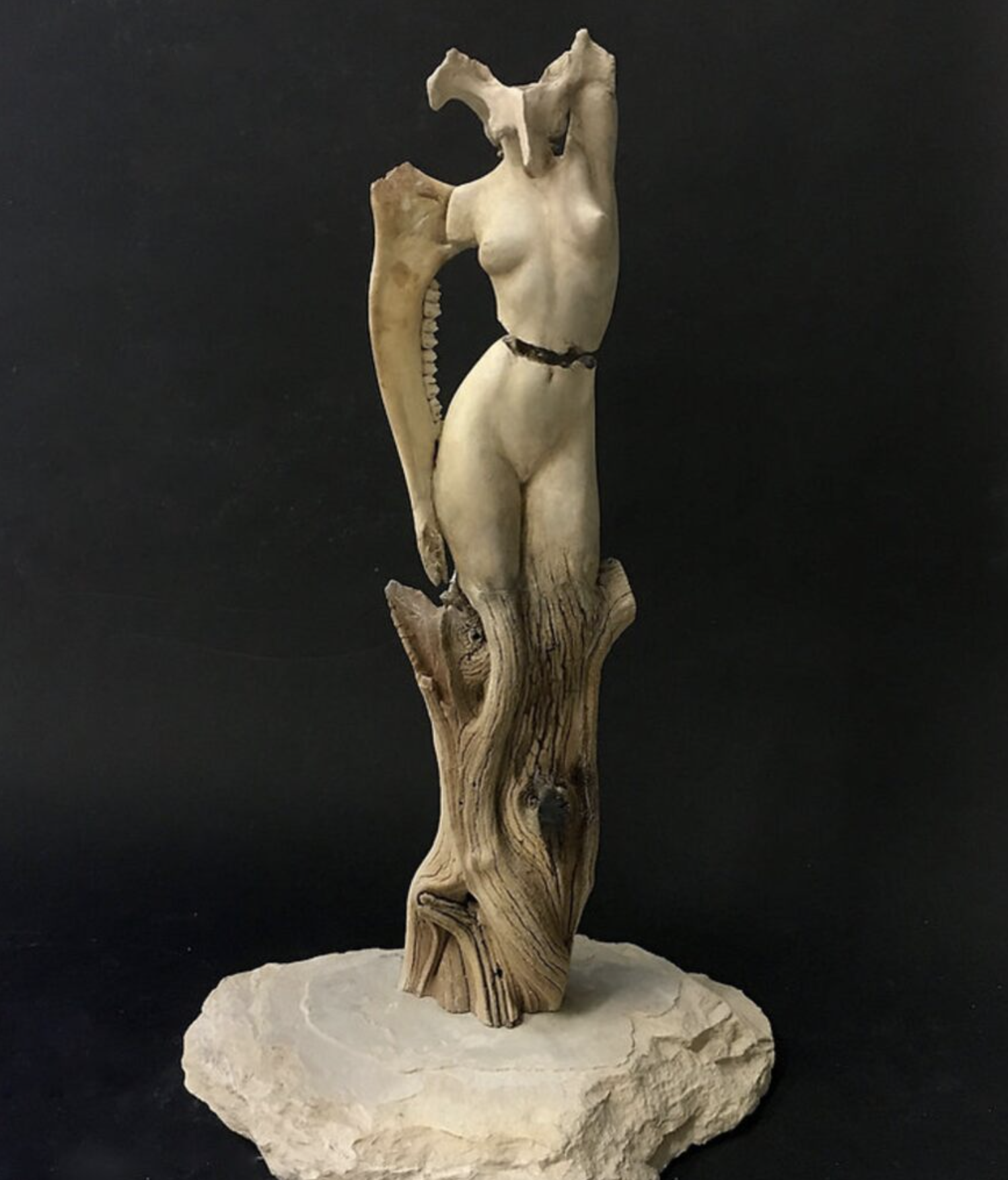 Flesh & Bones, Ceramic, jawbone, vertebrae, driftwood, raw pigment, acrylic paint, stone
24 x 10 x 14 inches