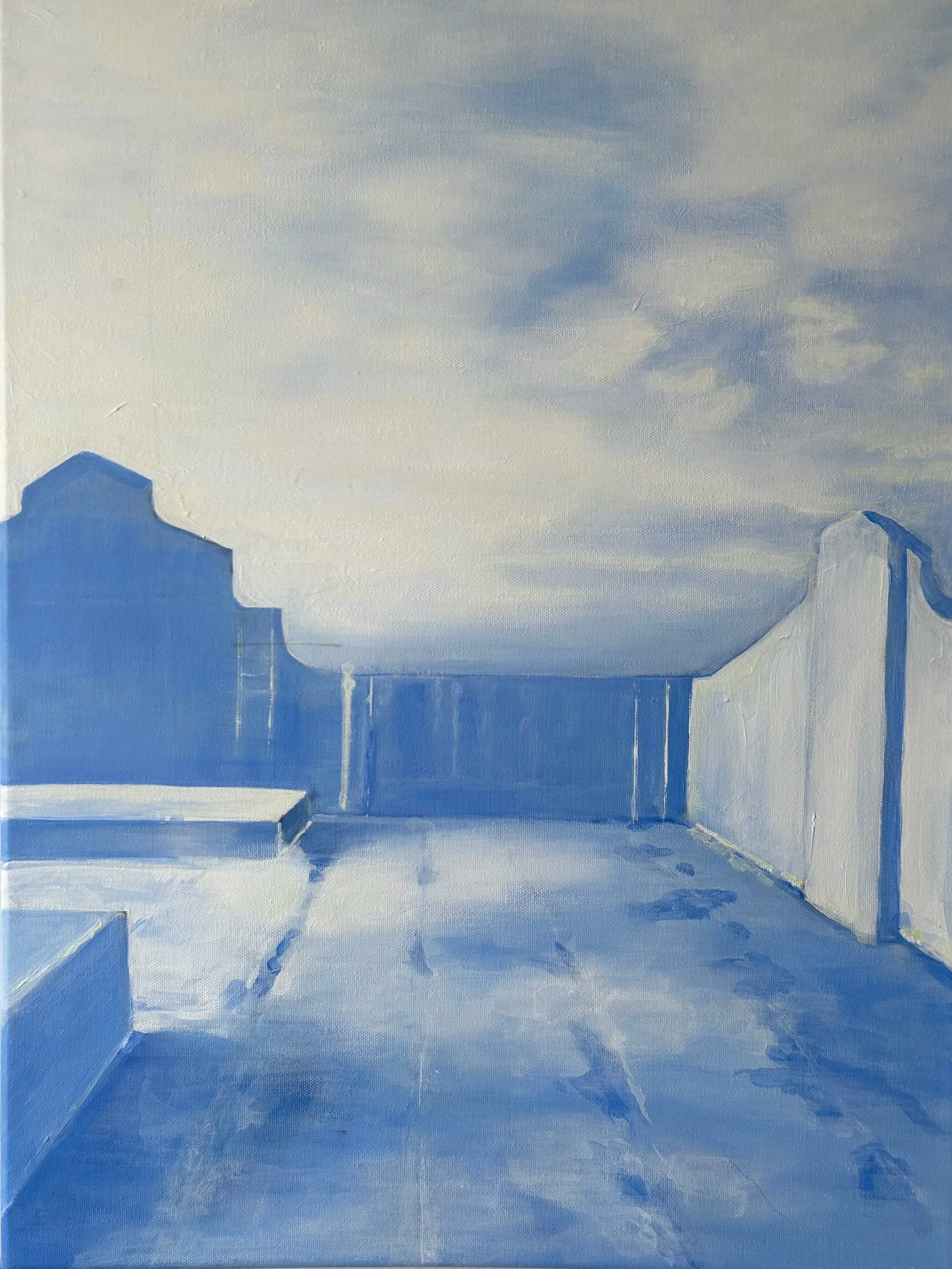 Acrylic on canvas painting titled June to December, depicting the roof of industry city in Brooklyn, New York, with blue and white textured brushstrokes.
