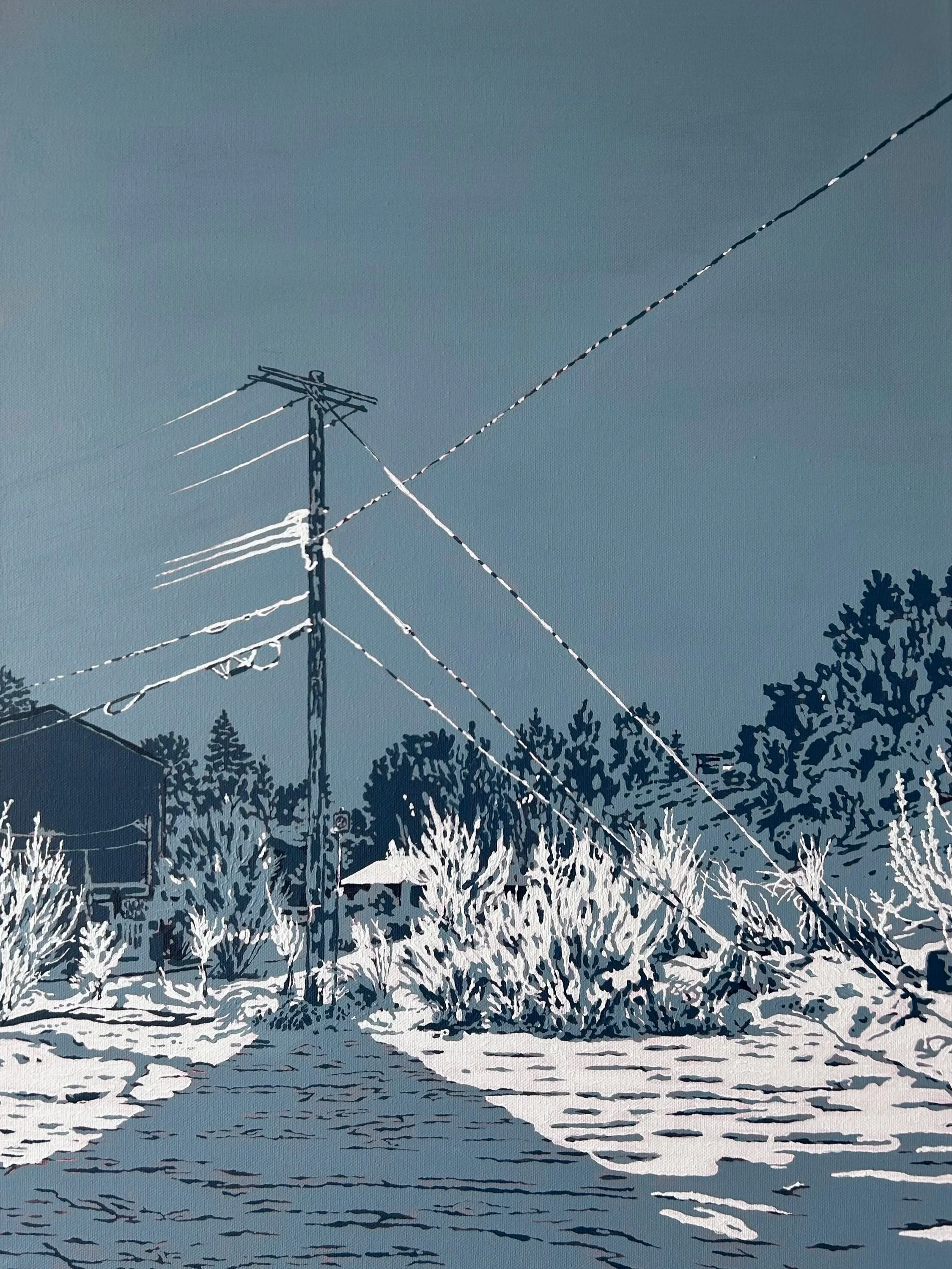 Acrylic on canvas painting titled McHugh bluff, depicting the Sunnyside neighbourhood in Calgary, Alberta, with blue and white textured brushstrokes.