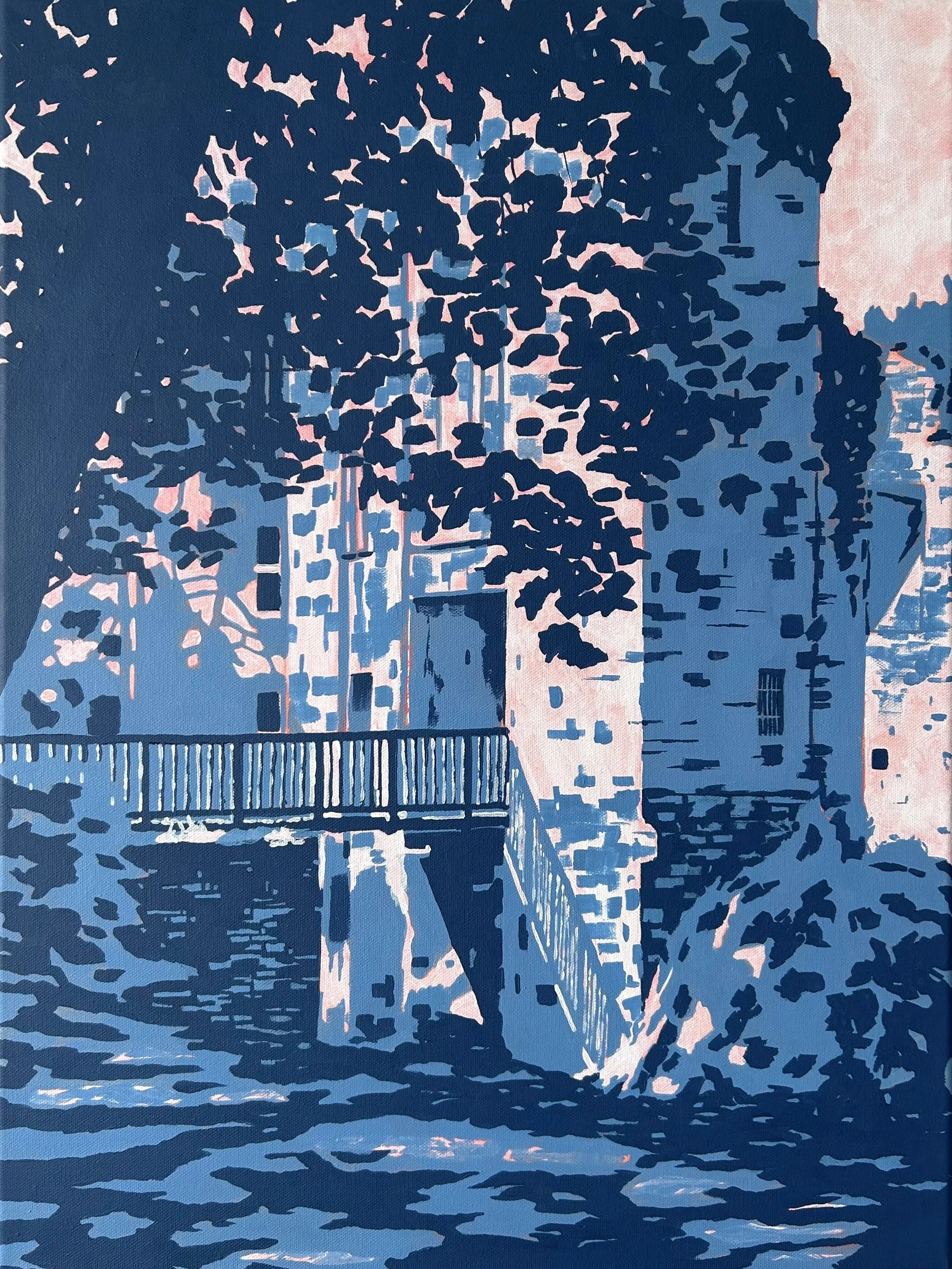 Acrylic on canvas painting titled Largoët, depicting the Largoët fort in Morbihan, France, with blue and white textured brushstrokes.