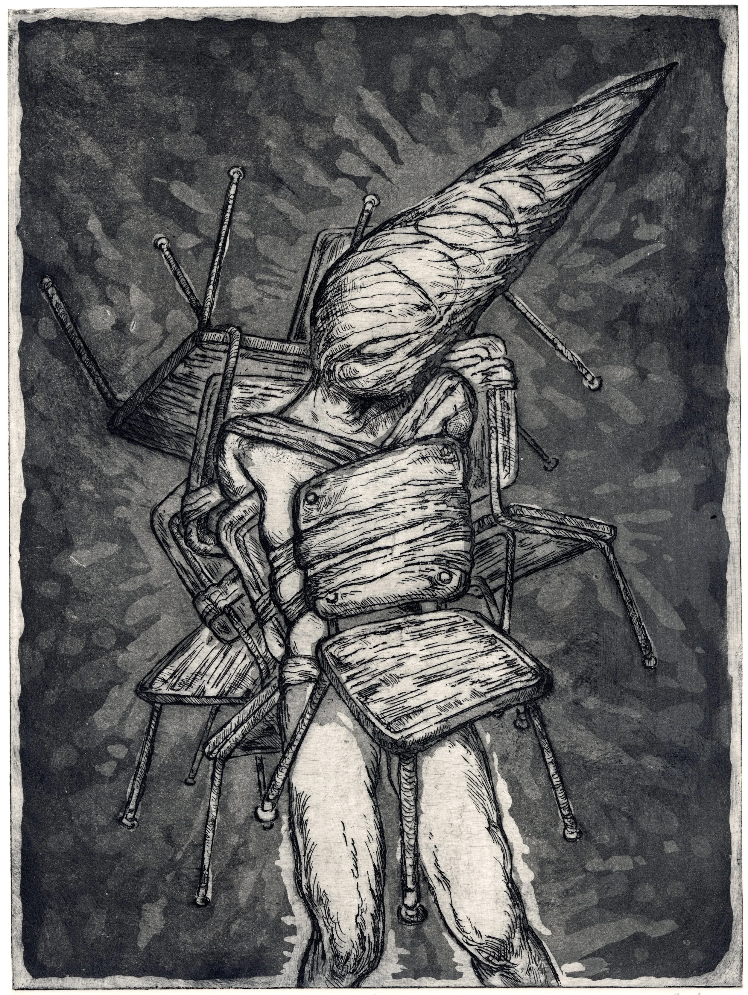 Spinal Punishment - Chairs, Aquatint, 9 x 12"