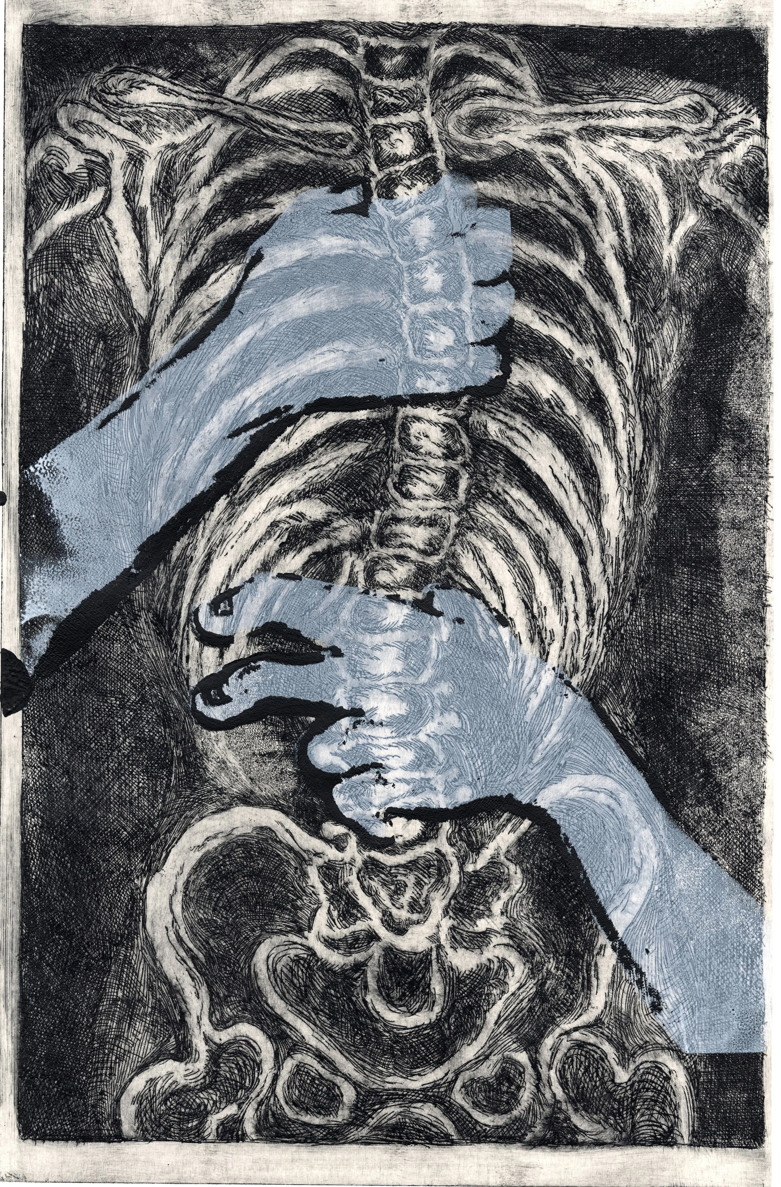 Spinal Punishment - Grapple, Intaglio + Screenprint, 12 x 18"