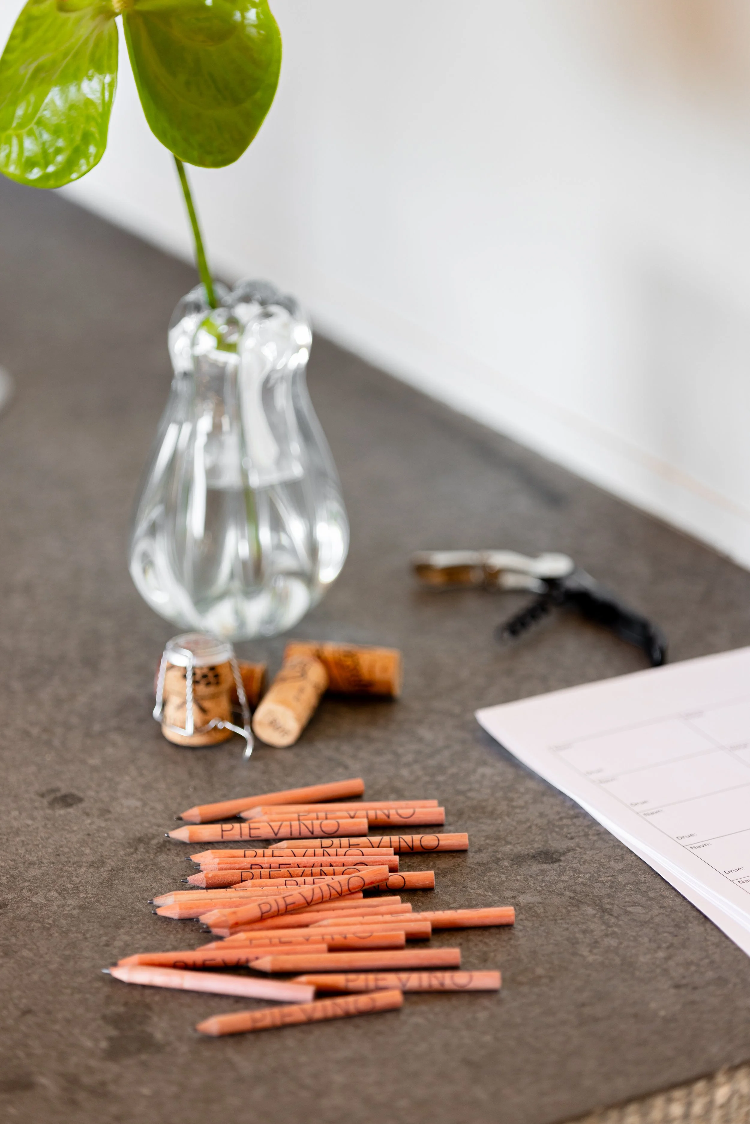 En bordflate med en vase med grønne blader, flere markers, corks, en papirklips og en utskriftsvarsel i høyre hjørne.