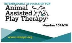 Logo of the International Association for Animal-Assisted Play Therapy, featuring a dog, a horse, and a cat, with website www.iaaptt.org and member number 25/26.