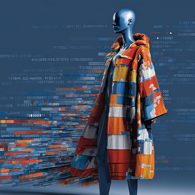 A mannequin wearing a colorful, geometric-patterned coat with digital glitch effects and binary code background.