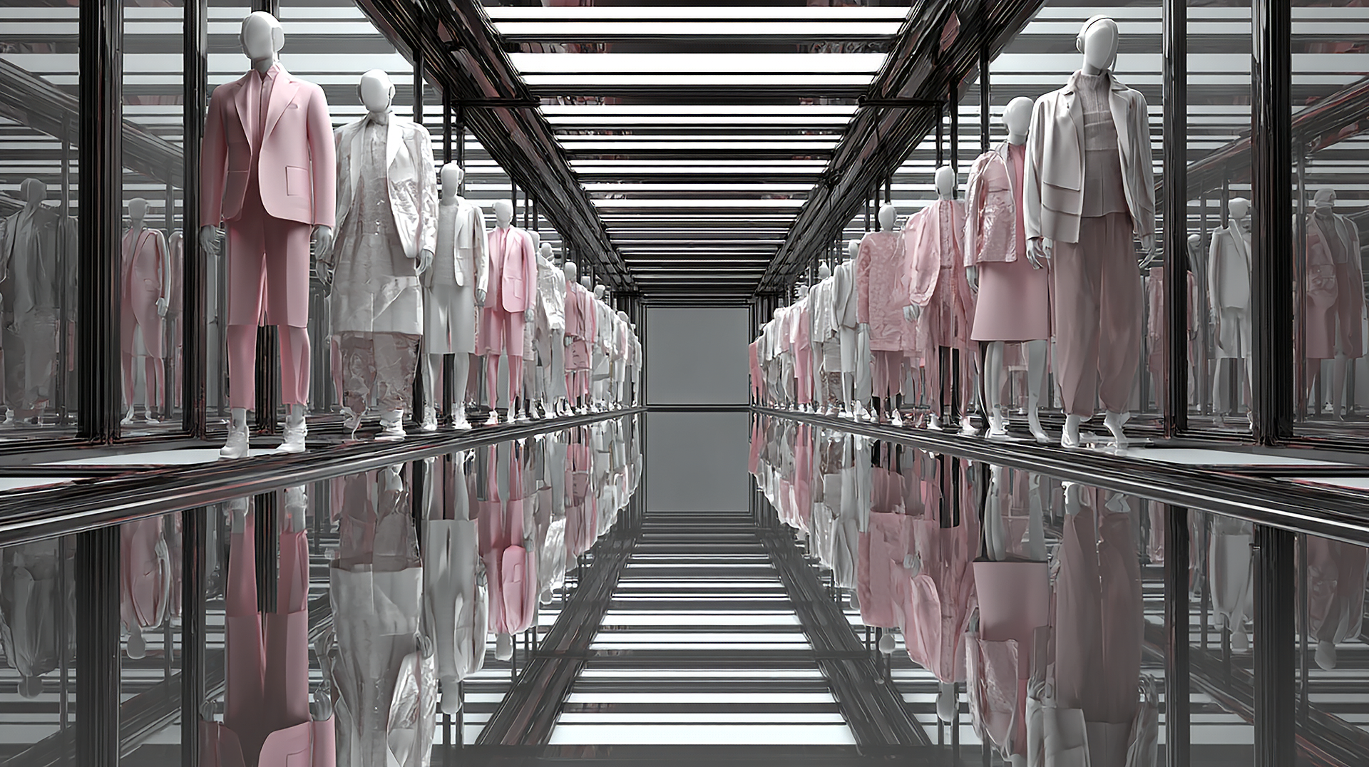 Mannequins dressed in pink and white clothing displayed in a mirror-lined store window with reflections creating a symmetrical effect.