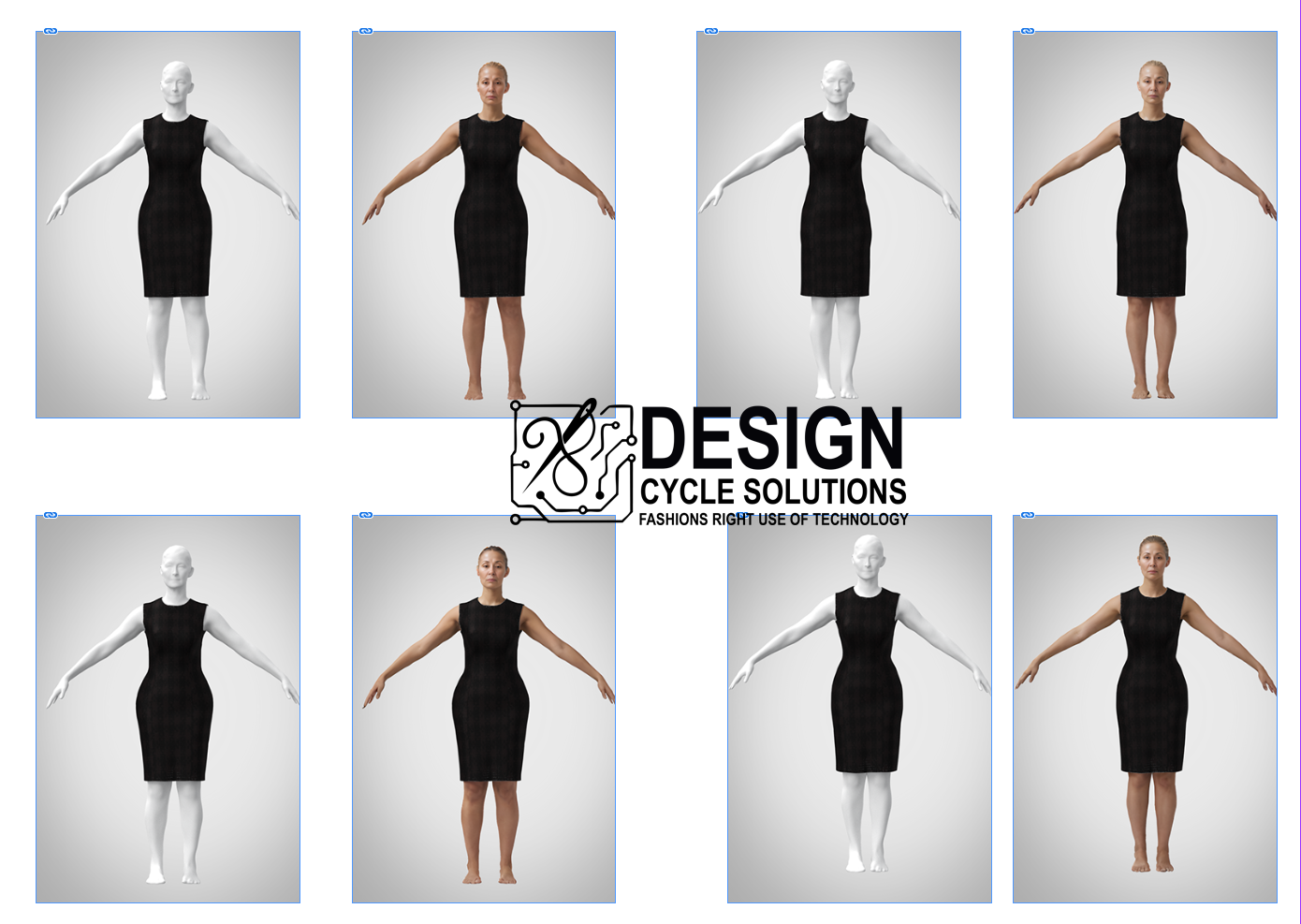 Collage of eight images of a female mannequin and a woman, wearing a black sleeveless dress, in different poses and color settings, with text overlay reading "Design Cycle Solutions" and "Fashions Right Use of Technology".