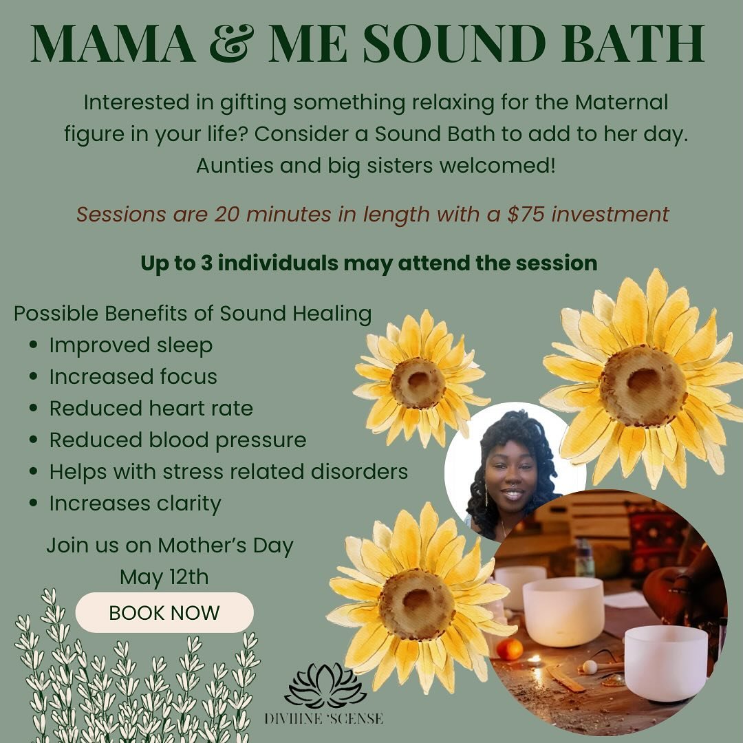 🌻Special Event 🌻

🌻MAMA &amp; ME SOUND BATH✨

🌻I am offering private mini sessions on Mother&rsquo;s Day! If you&rsquo;ve ever been curious to experience a sound bath with your children doesn&rsquo;t matter what age. This is your opportunity to t
