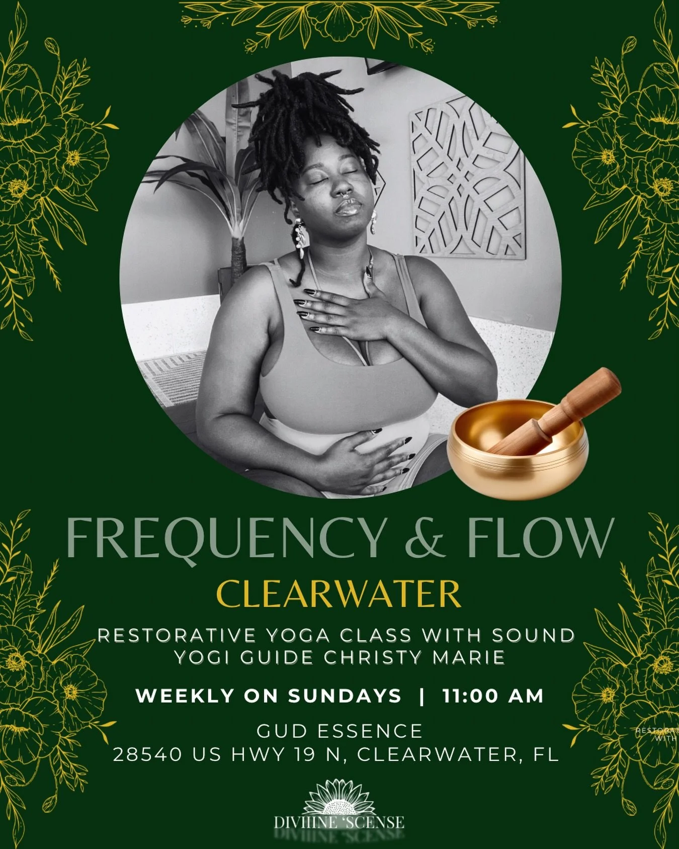 Community, WE&rsquo;RE BACK at @gudessence.clearwater Sundays at 11 am! 🥰

Frequency &amp; Flow - CLEARWATER🌻✨

Join me as we hold space for a restorative yoga class closing out with sound. ✨ 

🌻Upcoming Class:  Sunday March 8th 
📍Location: 28540