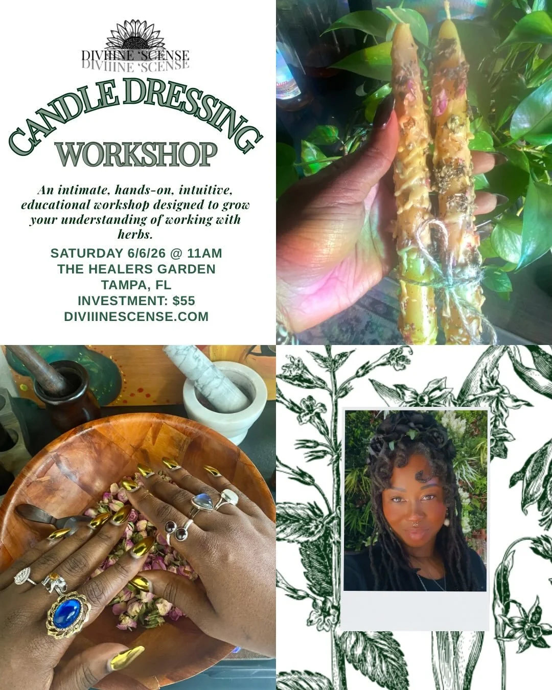 Upcoming June workshop 🌻✨

🤍Candle Dressing Workshop 🤍

This is a 90 minute workshop that goes in depth to show you the process of dressing your own candles to bring things to fruition or remove obstacles. There will be a wide selection of herbs a
