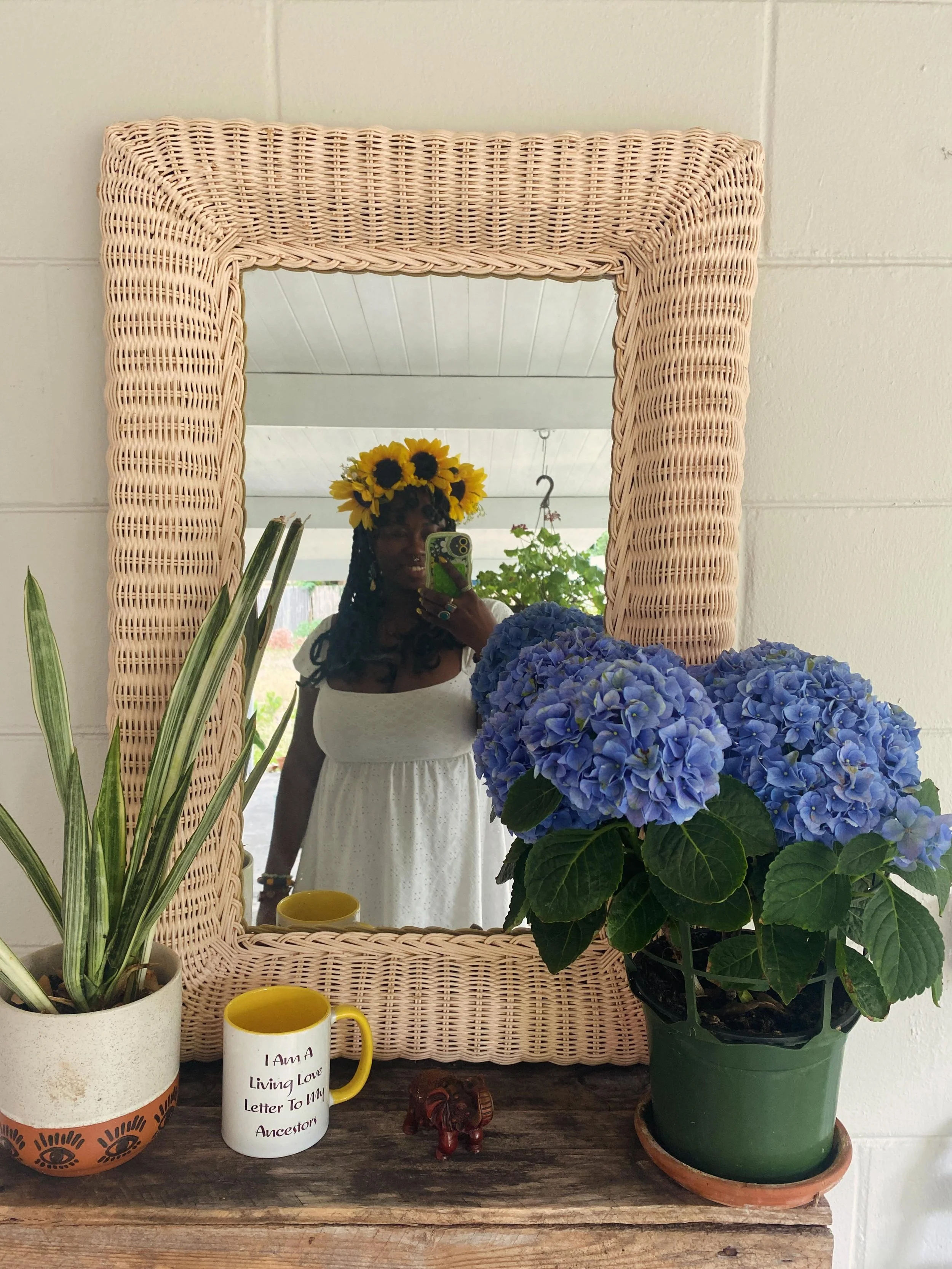 Love lives in my garden🌺🌻✨

1. Snake plant (left), Blue hydrangea(right)
2. Lavender, rue, sage, marigold, rosemary 
3. Patchouli
4. Mugwort 😍😍😍😍
5. Black stem Alocasia