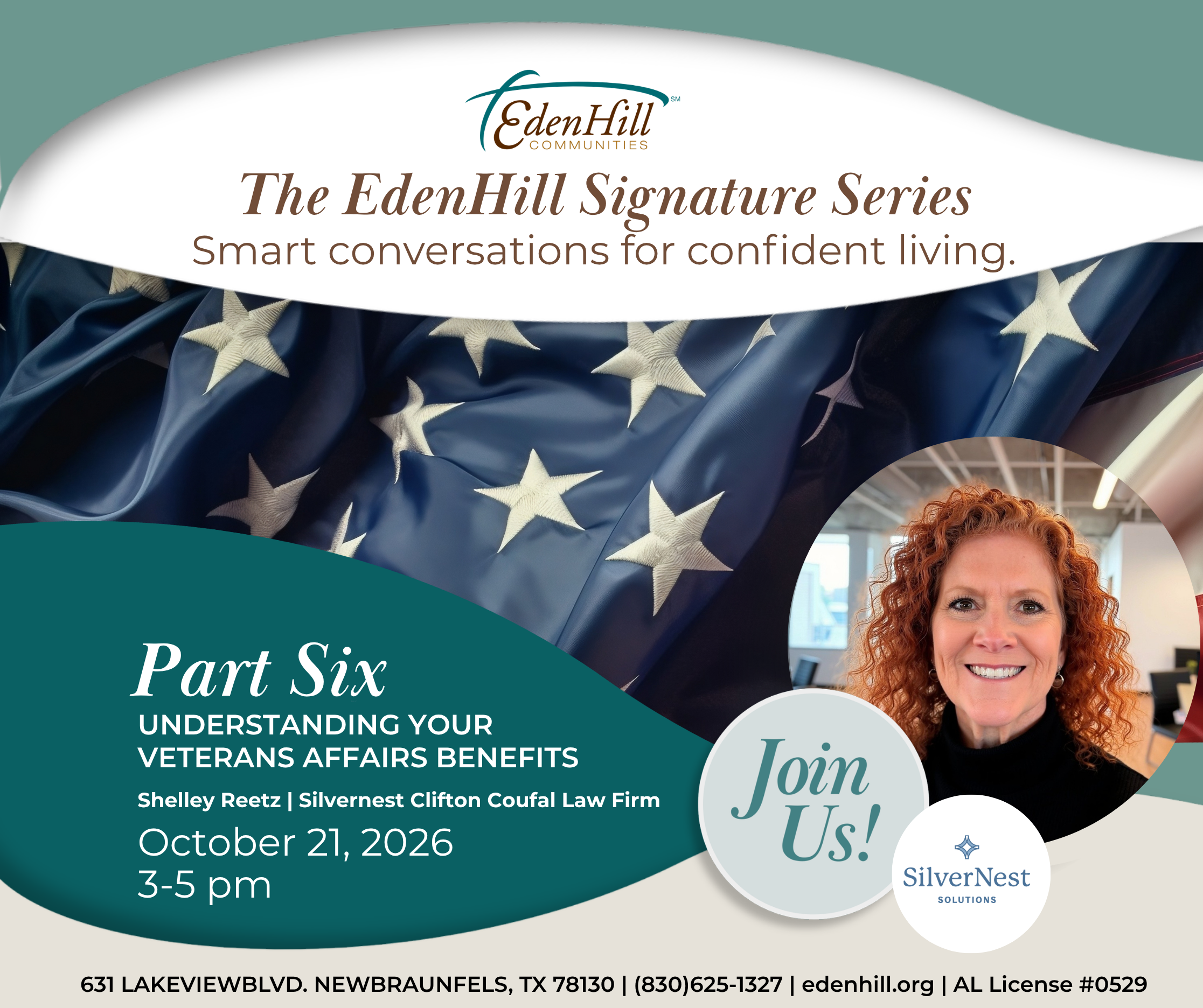 EdenHill Signature Series Understanding Your Veterans Affairs Benefits event with Shelley Reetz in New Braunfels, Texas