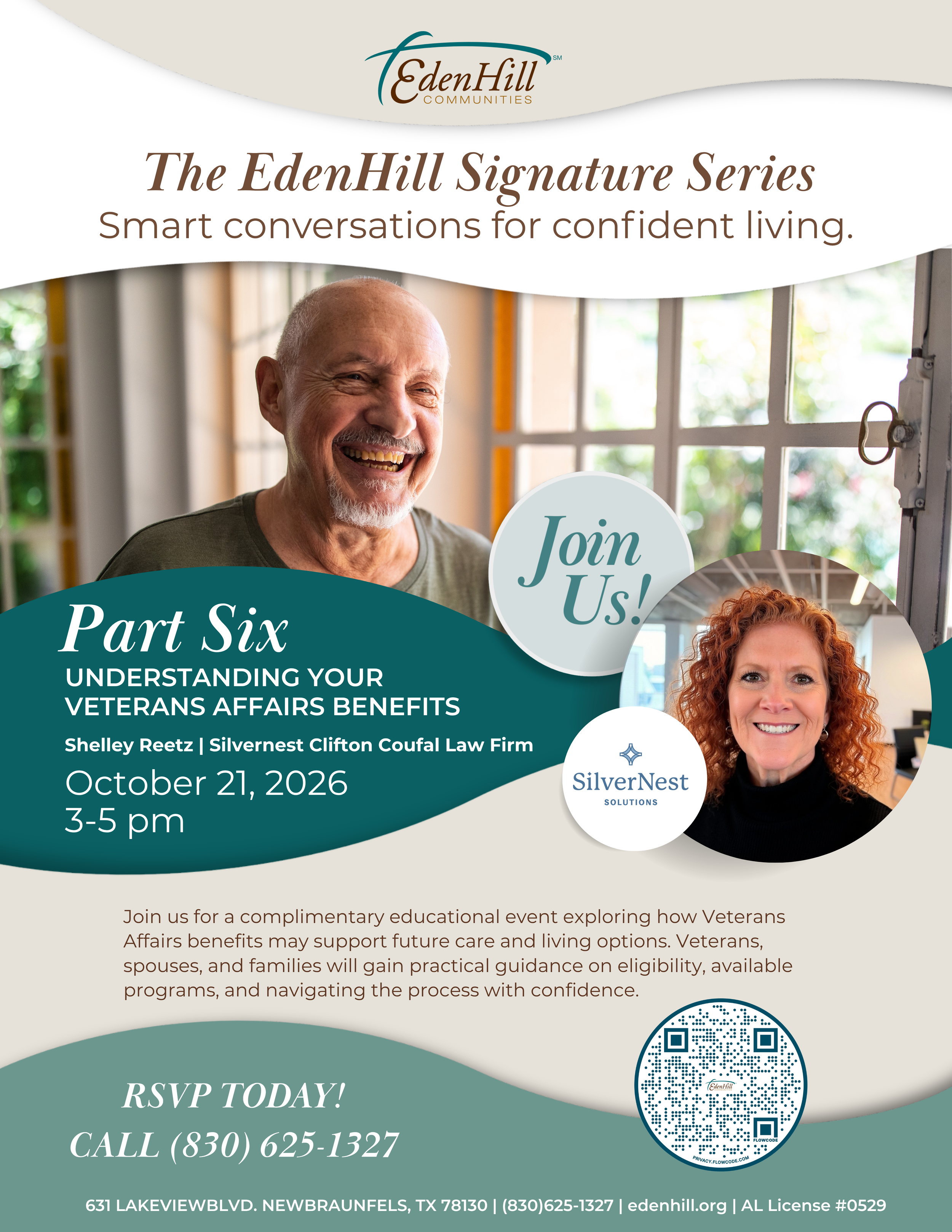 EdenHill Signature Series Part Six: Understanding Your Veterans Affairs Benefits with Shelley Reetz, October 21, 2026, from 3–5 PM in New Braunfels, Texas.
