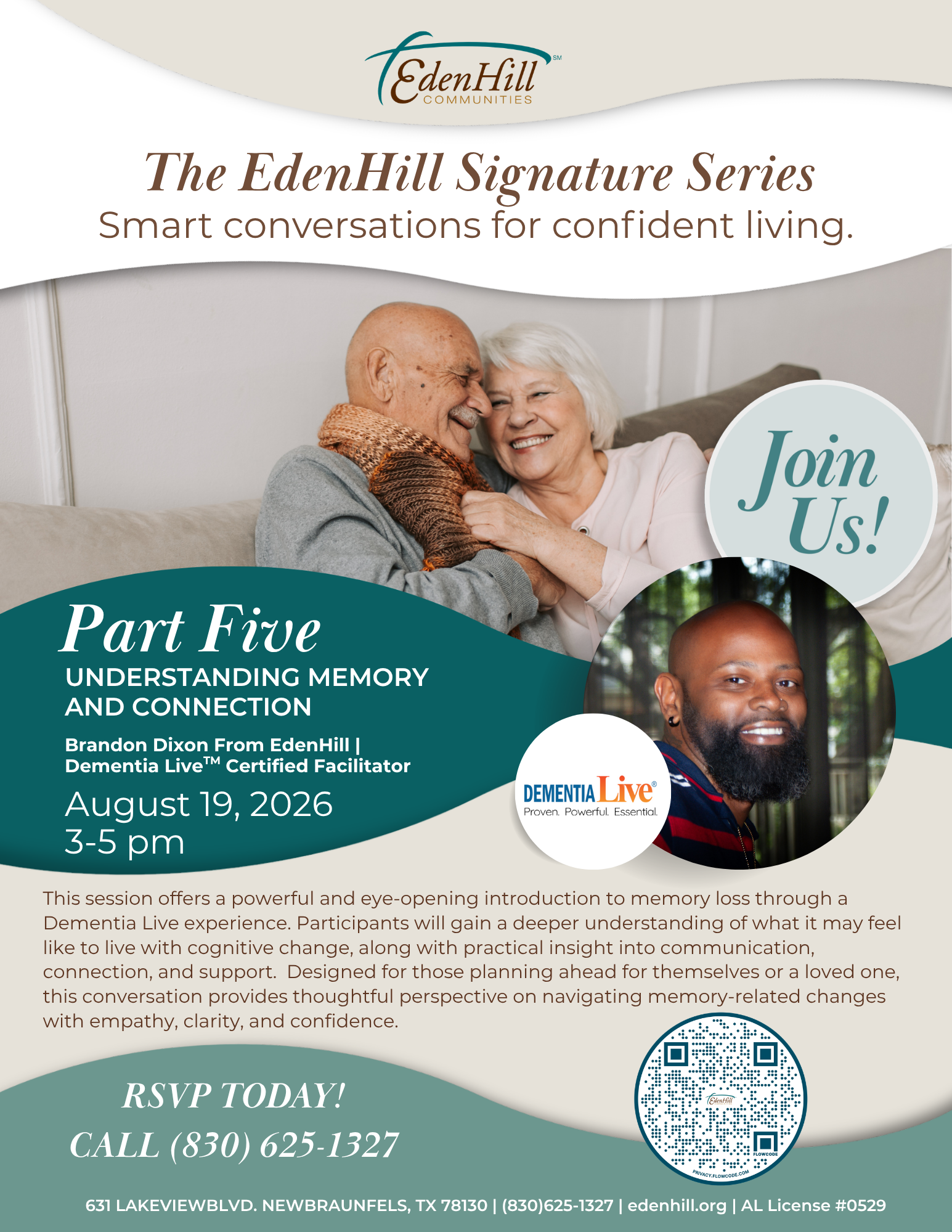 EdenHill Signature Series flyer for Understanding Memory and Connection, a Dementia Live educational event on August 19, 2026 at EdenHill Communities.