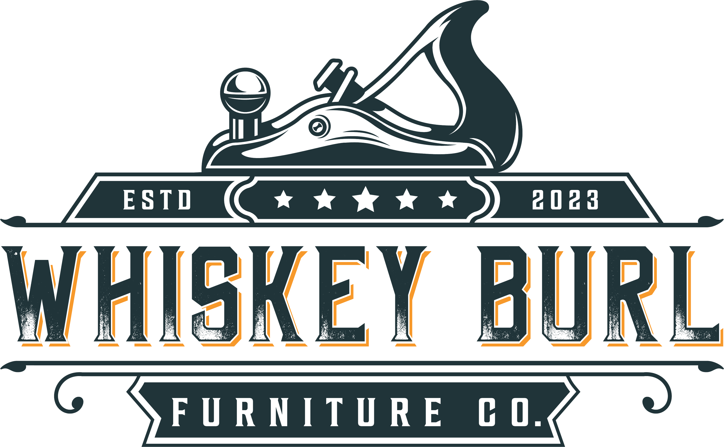 Logo for Whiskey Burl Furniture Co. featuring a whisky bottle and a burl wood piece, with stars and established year 2023.