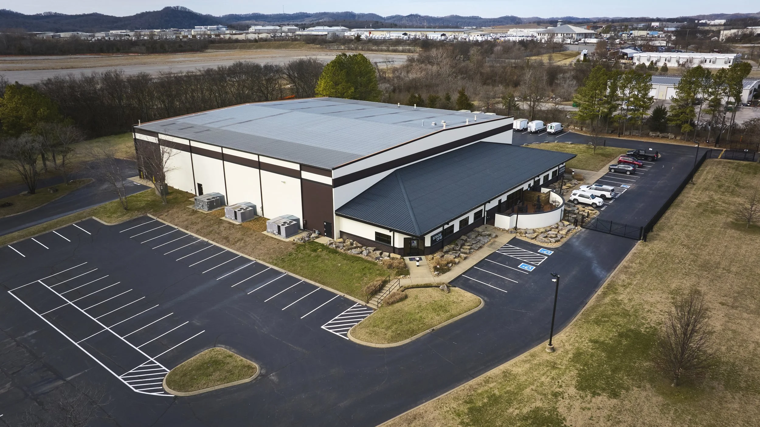 picture looking down on the building that houses Stage One and Citation Support in Nashville Tennessee. Showing ample parking and load in area for productions.
