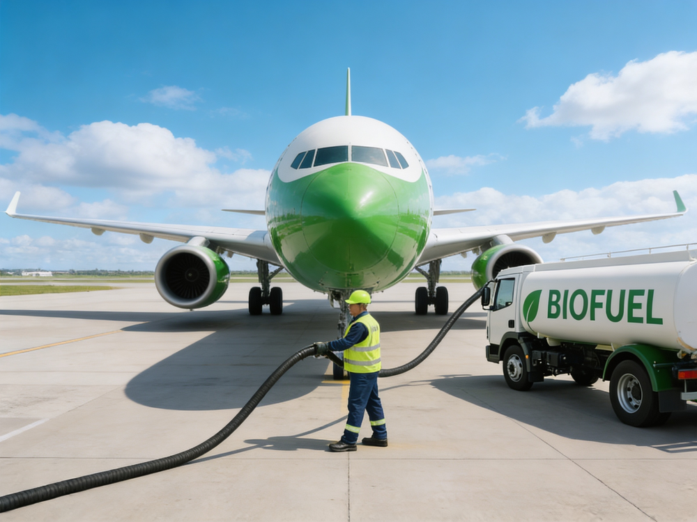 Aircraft being refueled with biofuel for sustainable aviation
