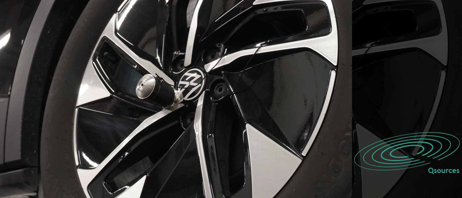 Qish integral shaker mounted near a wheel for structural excitation and FRF testing