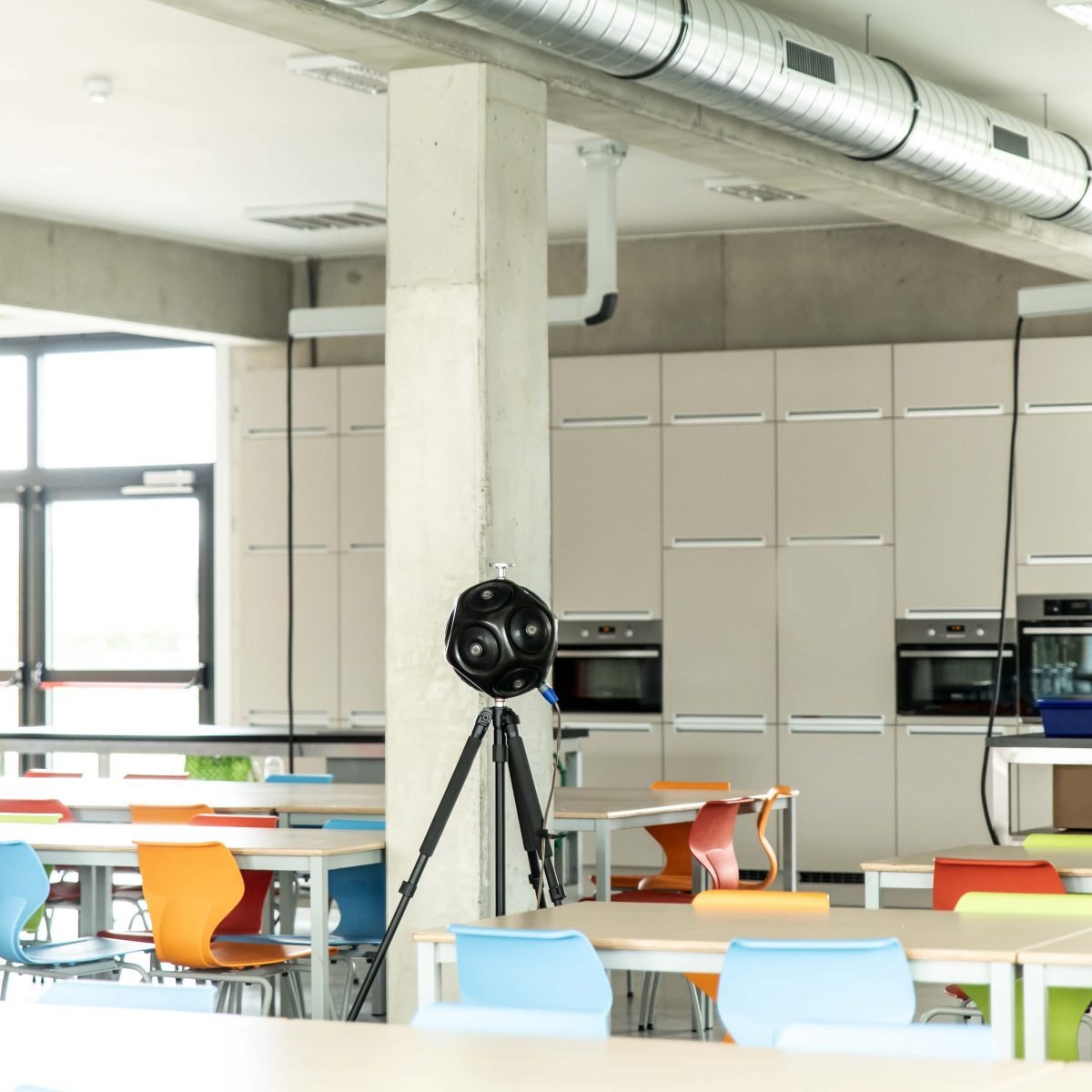 Qohm dodecahedron source set up for room acoustics and reverberation time testing