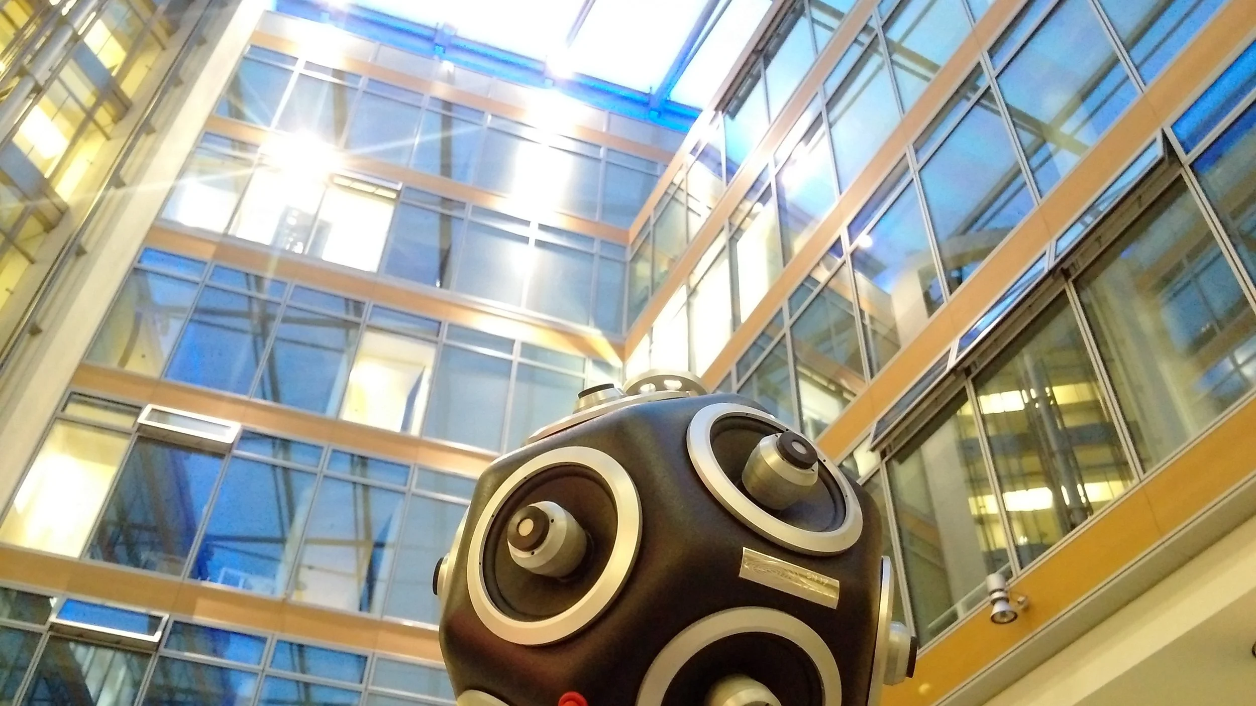 Dodecahedron sound source used for room acoustics testing in large atrium spaces