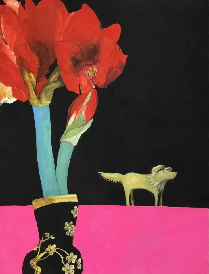 Amaryllis with tin dog.jpeg