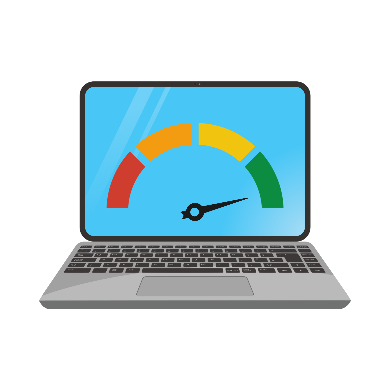 Laptop with a speedometer gauge on the screen showing a high reading in the green zone.