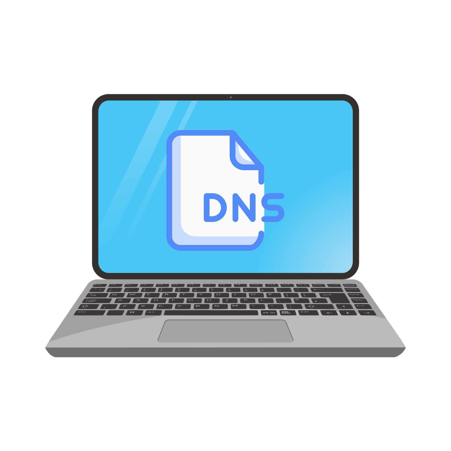 Laptop displaying a digital icon of a document with 'DNS' text on the screen.